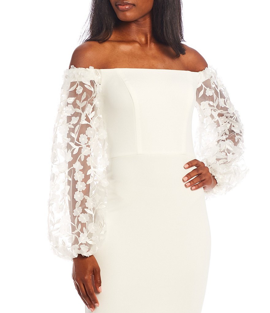 Xscape Short Scuba Crepe Raised Flower Sleeve Off-the-Shoulder Sheath Dress