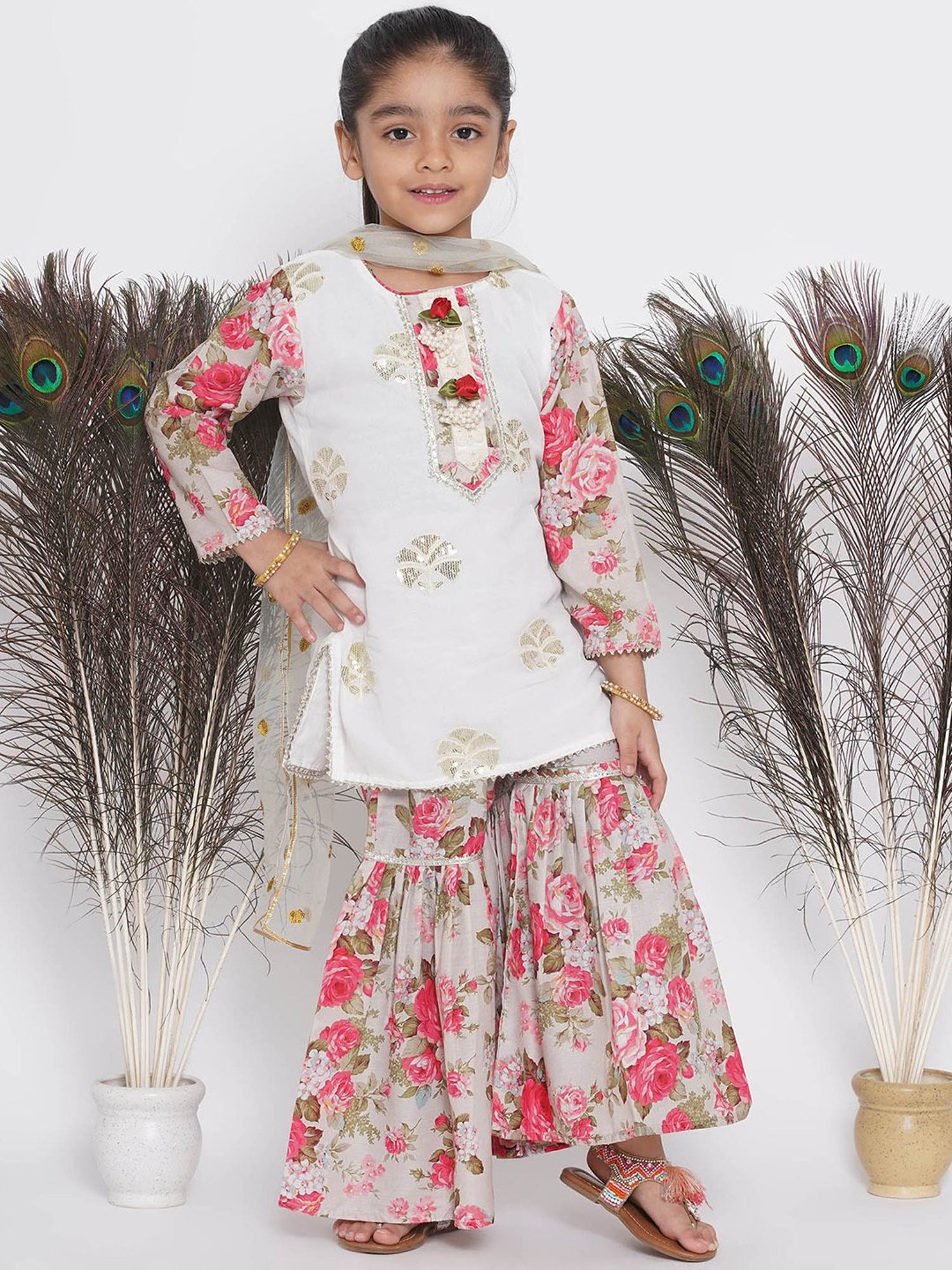Little Bansi Kids White & Sage Green Embellished Kurta, Sharara, with Dupatta