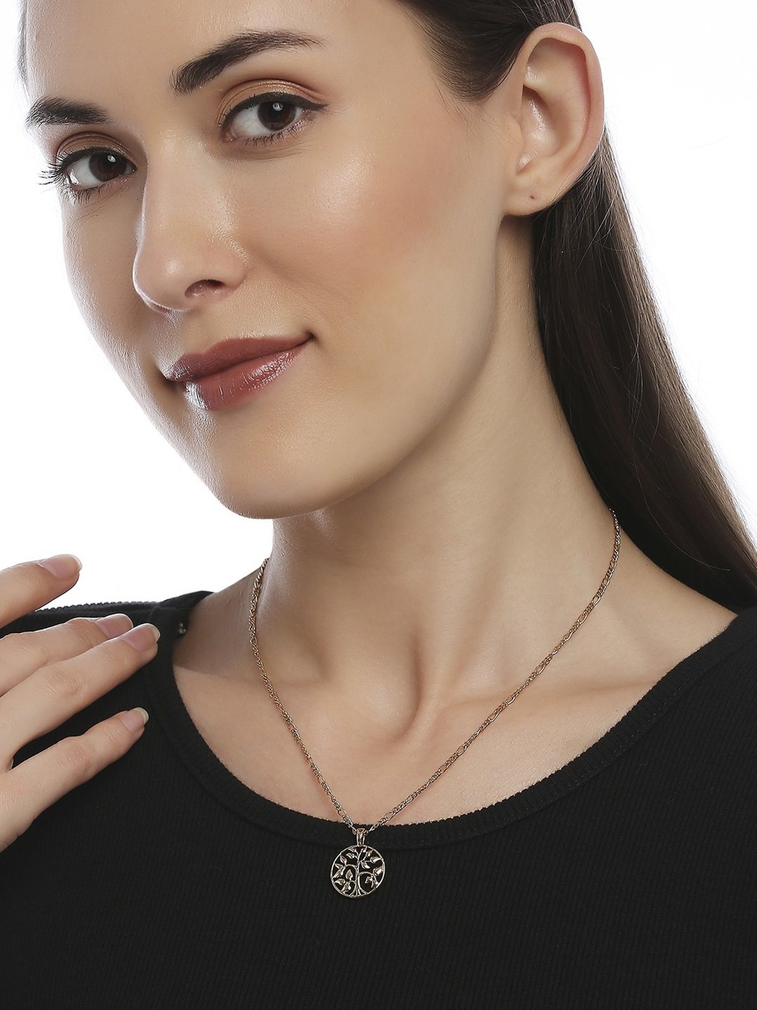 Lilly & Sparkle Gold Toned Brass Chain with Circular Tree Pendant