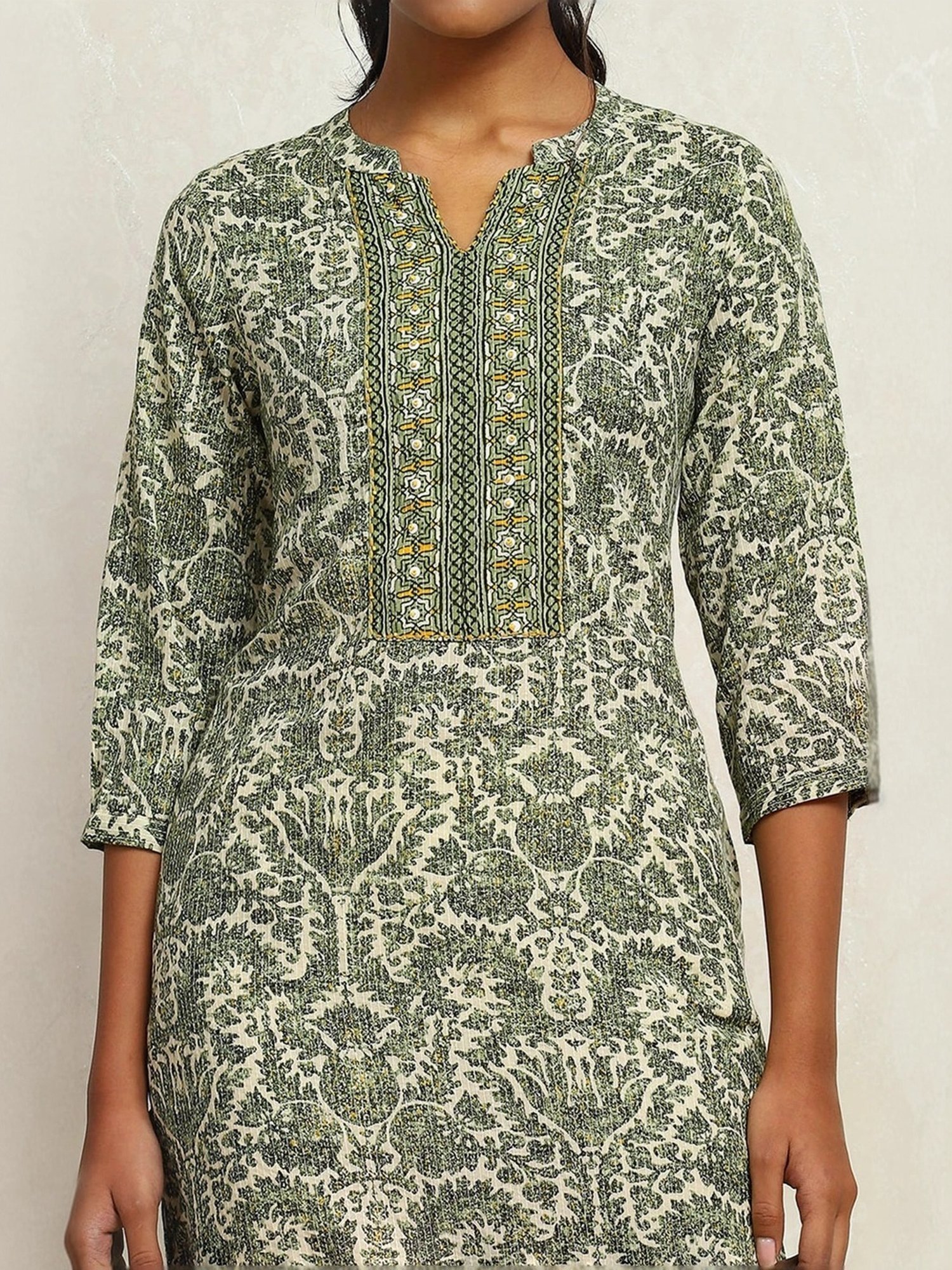 Biba Green Cotton Printed Straight Kurta