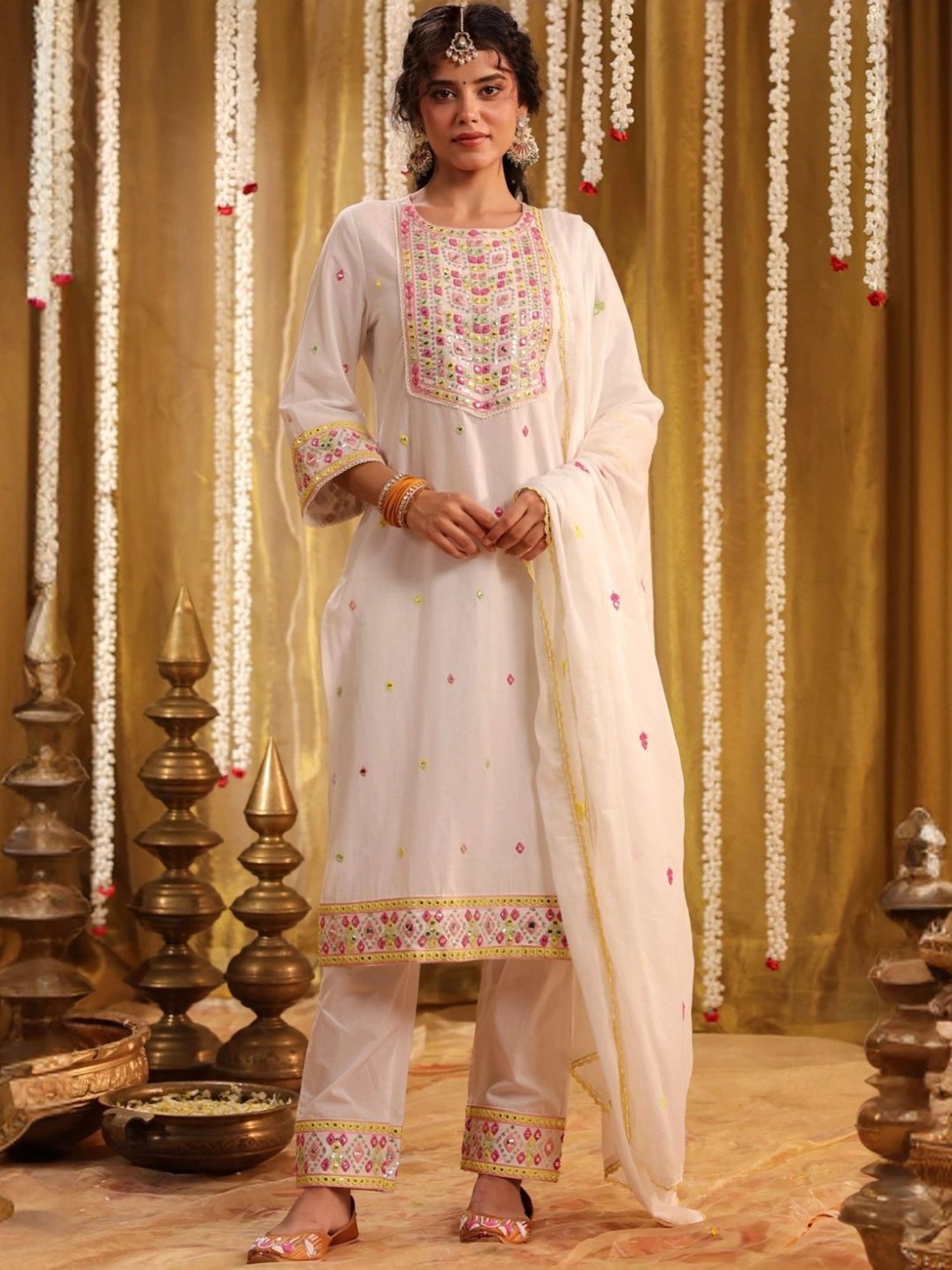 SCAKHI White Cotton Multicolour Mirror And Sequin Embroidered Kurta with Pant And Dupatta