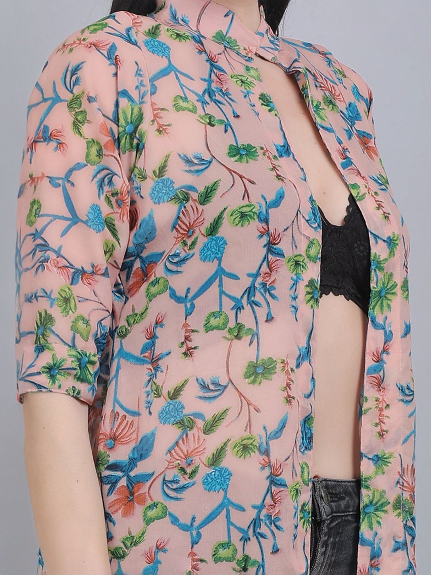 mod & shy Peach Printed Long Shrug