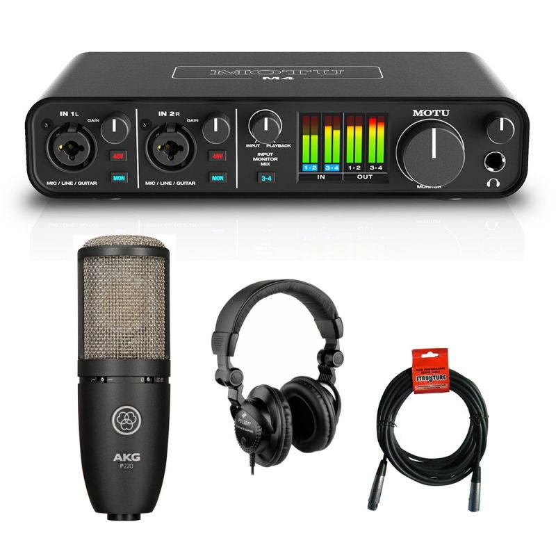 Motu M4 4x4 USB Audio Interface with AKG Project Studio P220 Condenser Mic, HPC-A30 Studio Monitor Headphones & XLR Cable Bundle
