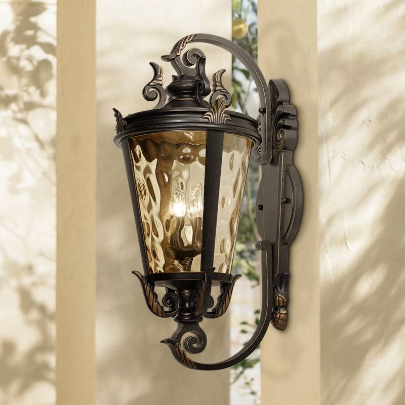 John Timberland Traditional Outdoor Wall Fixture Veranda Bronze Ornate Scroll 36" Champagne Hammered Glass for Exterior Porch