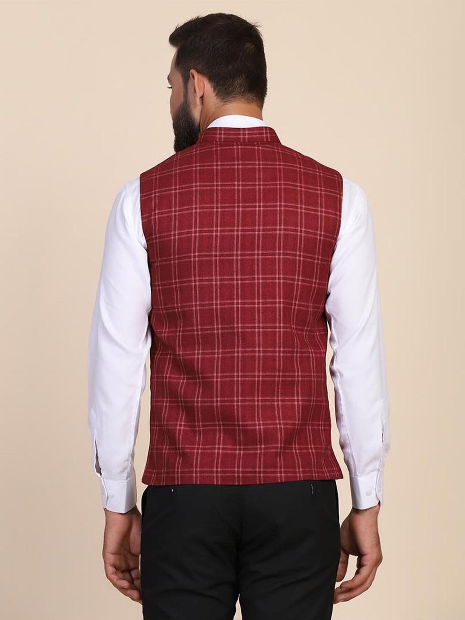 TAHVO Red Slim Fit Checks Nehru Jacket
