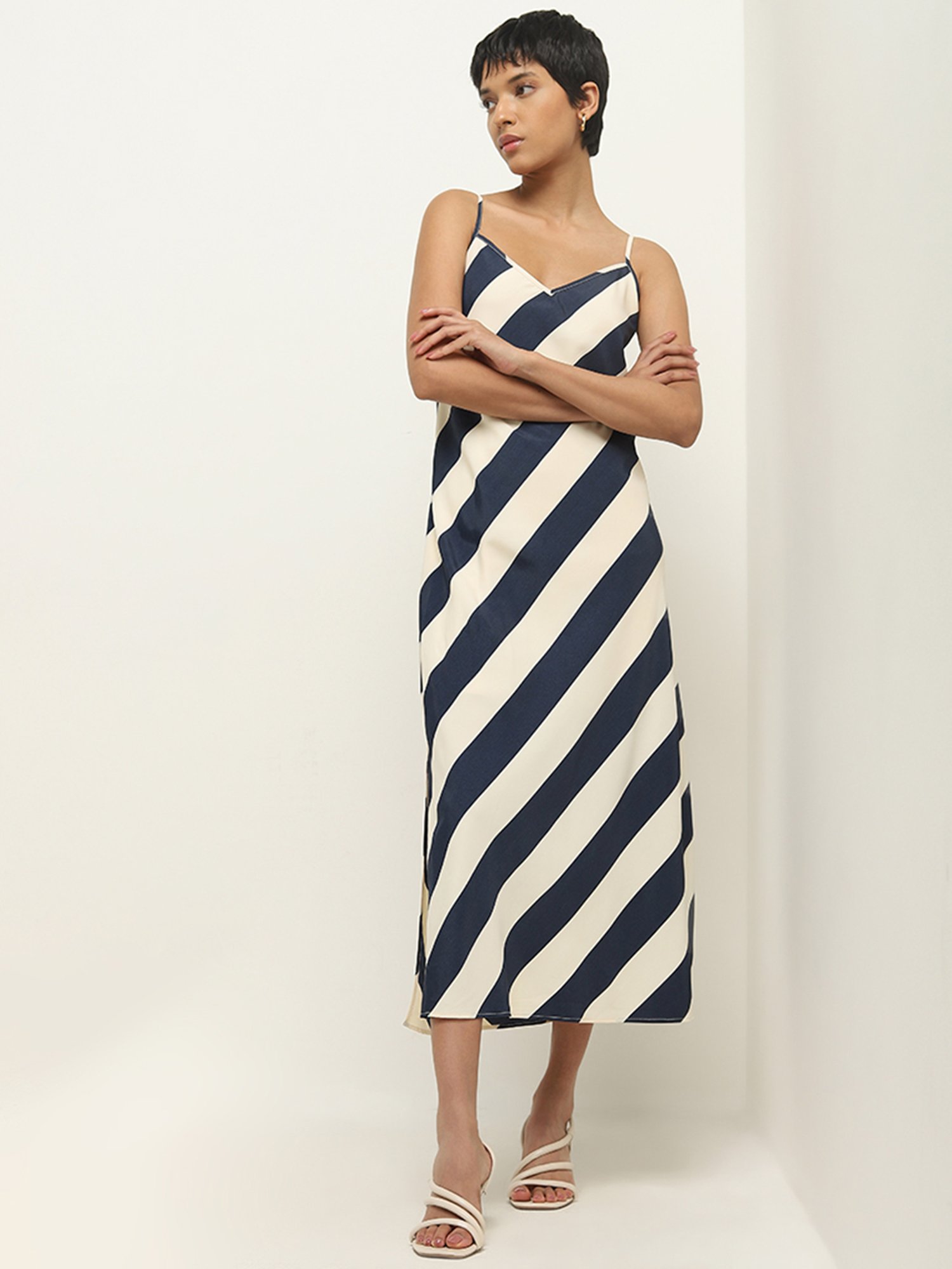 Wardrobe by Westside Navy Striped Design Slip Dress