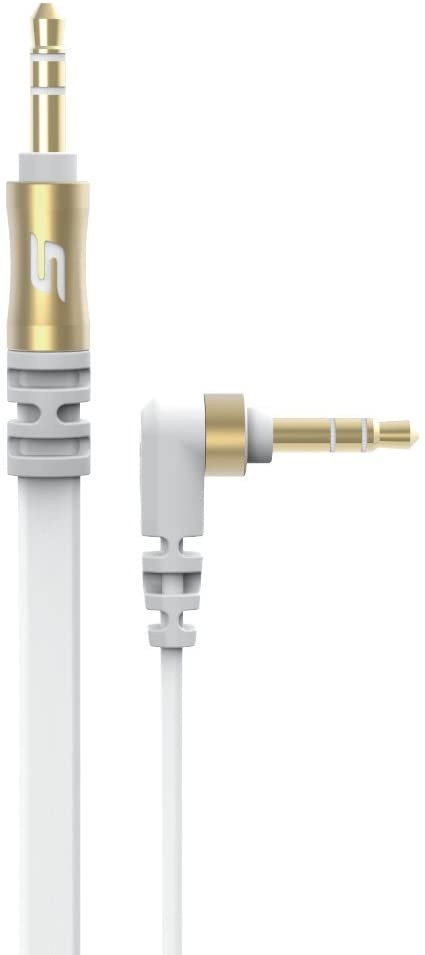 Scosche Aux 3 Feet Flatout 3.5MM Flat Auxiliary Audio Cable With 90 Degree Tip 3-FOOT In White/gold
