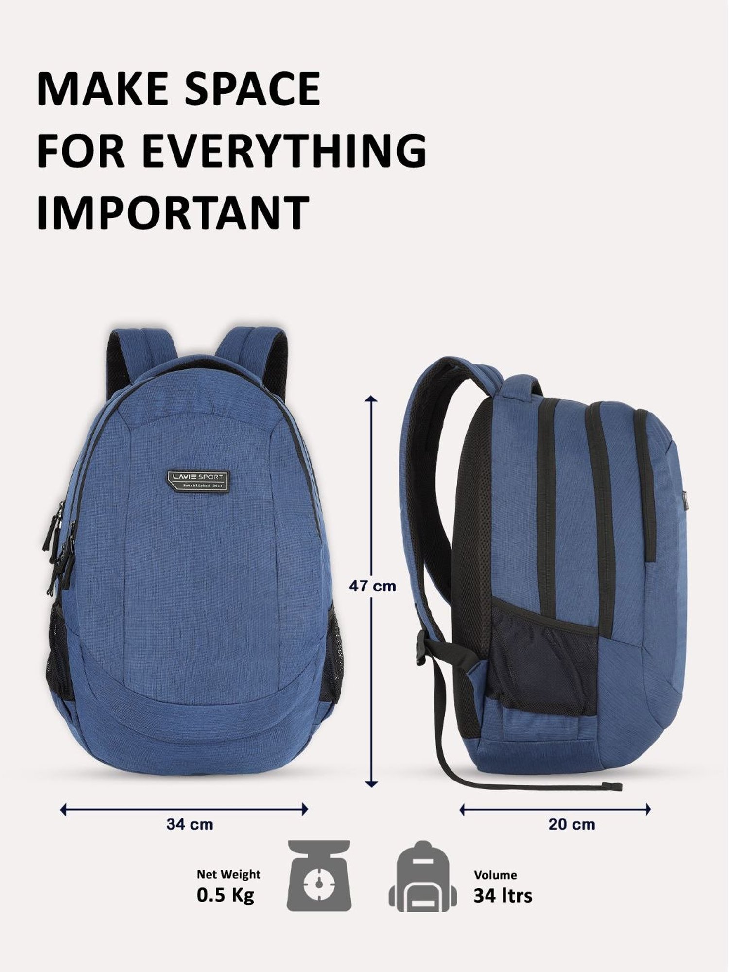 Lavie Sport Peak 34L Laptop Backpack For Men & Women |Boys & Girls (Navy)