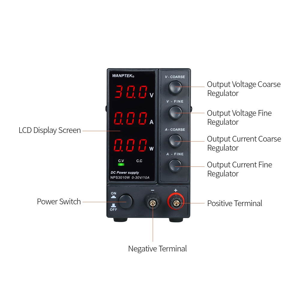 WANPTEK NPS3010W 0-30V 0-10A Switching DC Power Supply 3 Digits Display LED High Precision Adjustable Mini Power Supply AC 115V/230V 50/60Hz Voltage & Current Regulated Dual Output