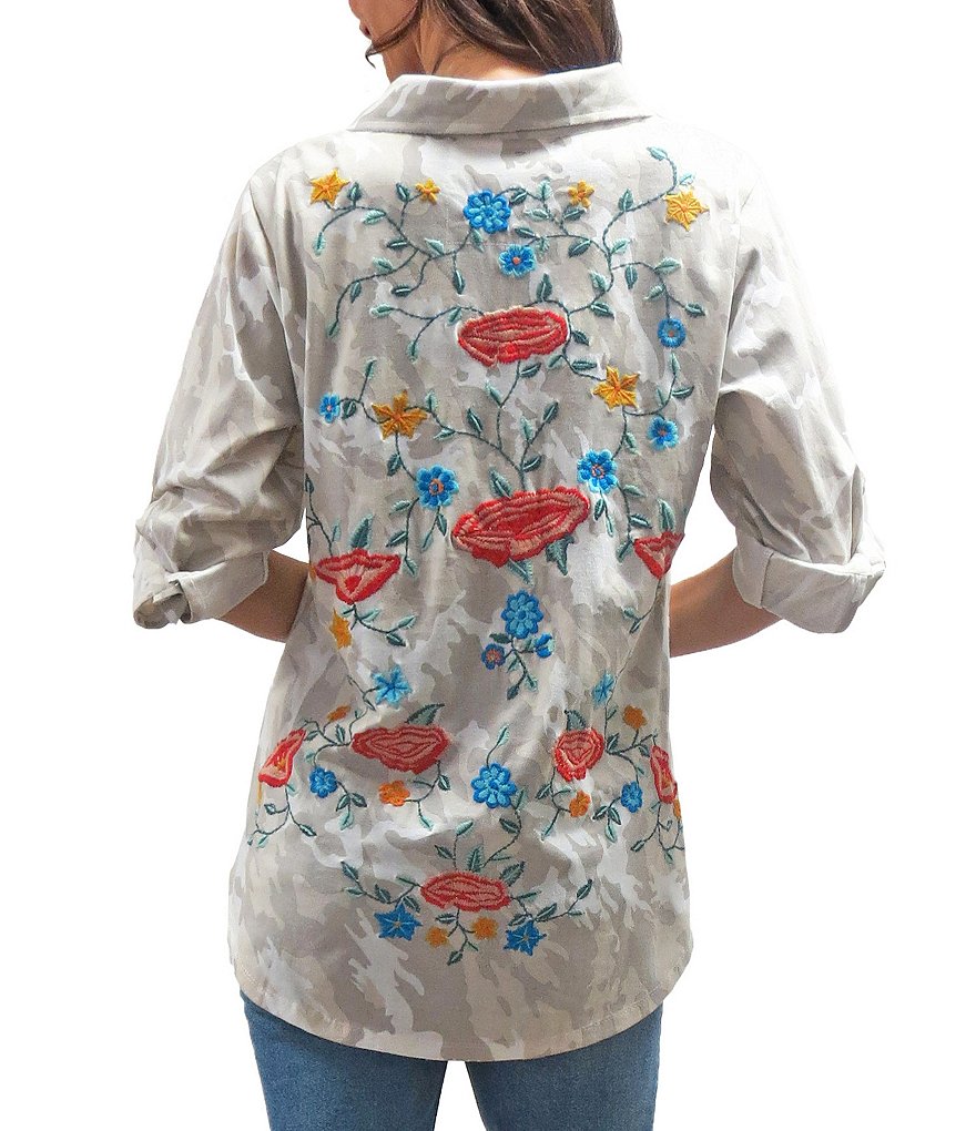 Karyn Seo Poppy Faded Camouflage Embroidered Back Button Front Shirt