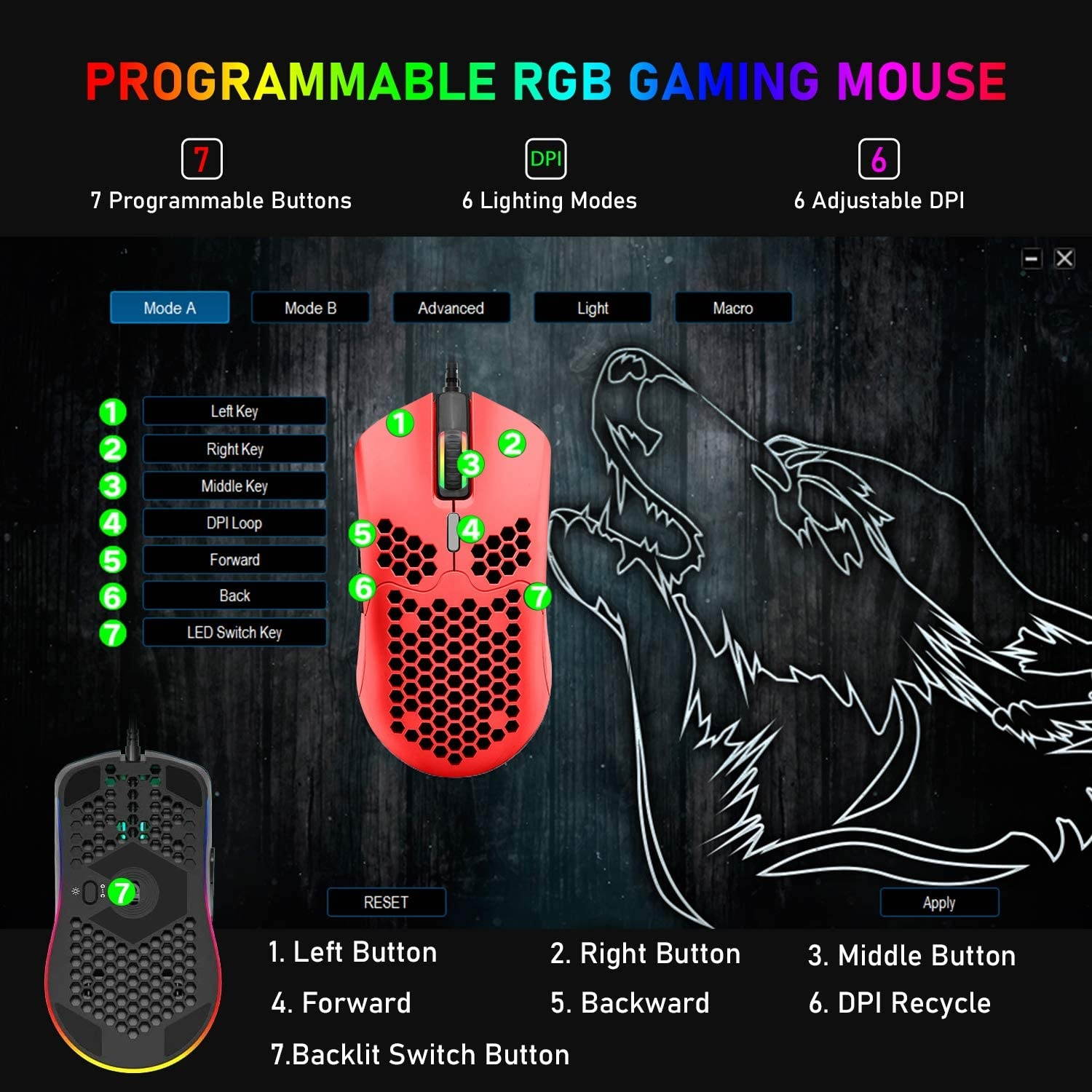 Wired Lightweight Gaming Mouse  6400DPI Backlit Mice with 7 Buttons Programmable DriverUltralight Honeycomb Shell Ultraweave Cable Mouse for PC Gamers and Xbox and PS4 Users(Red)