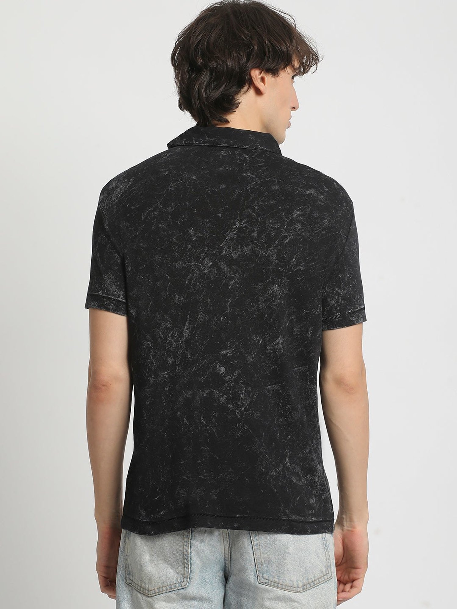 The Bear House Black Cotton Regular Fit Printed Polo T-Shirt