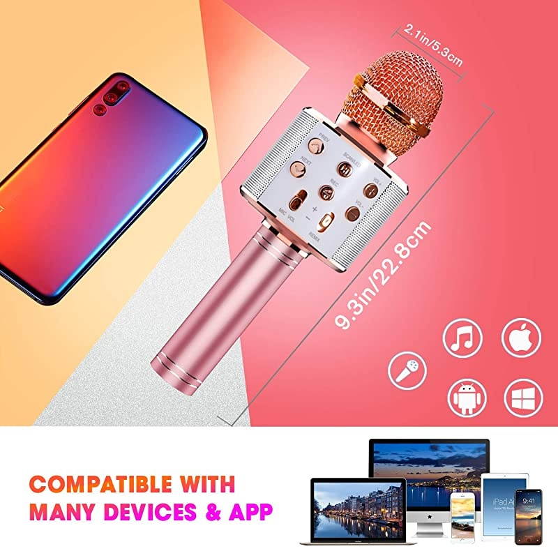 Bluetooth 4 in 1 Karaoke Wireless Microphone with LED Lights, Portable Microphone for Kids, Girls, Boys and Adults (Pink)