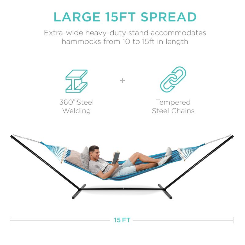 Best Choice Products 15ft Steel Beam Hammock Stand, Weather-Resistant w/ Adjustable Hanging Hooks, Carrying Case