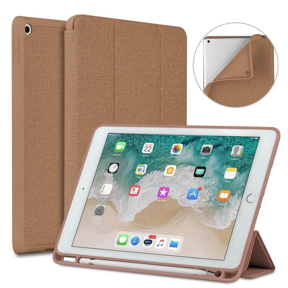 Soke New iPad 9.7 2018/2017 Case with Pencil Holder, Slim Fit Smart Case Trifold Stand with Shockproof Soft TPU Back Cover and Auto Sleep/Wake Function for iPad 9.7 inch 5th/6th Generation, Apricot