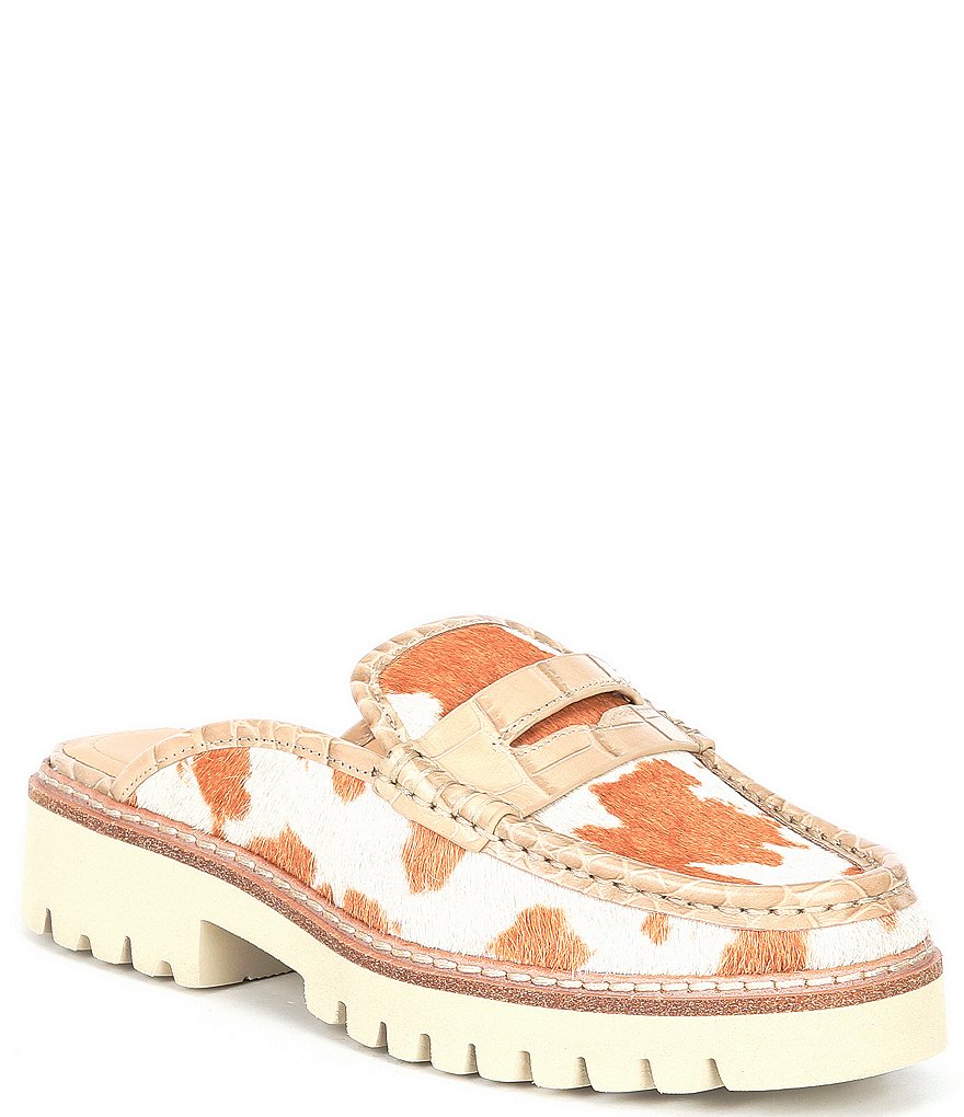 Donald Pliner Hillie Cow Print Calf Hair Penny Lug Sole Loafer Mules