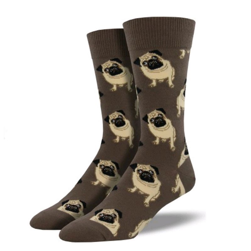 Novelty Socks 10.0" Brown Pug Crew Dog Puppy Best Friend Socksmith  -  Socks