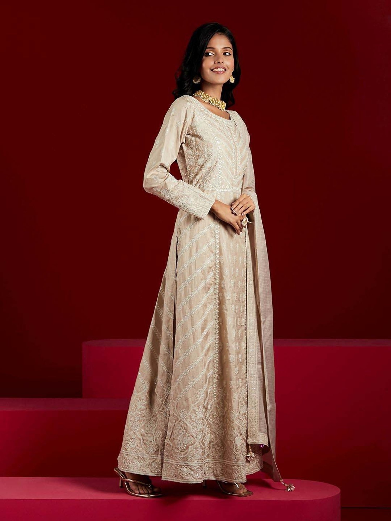 Libas Art Beige Embroidered Kurta Pant Set With Dupatta
