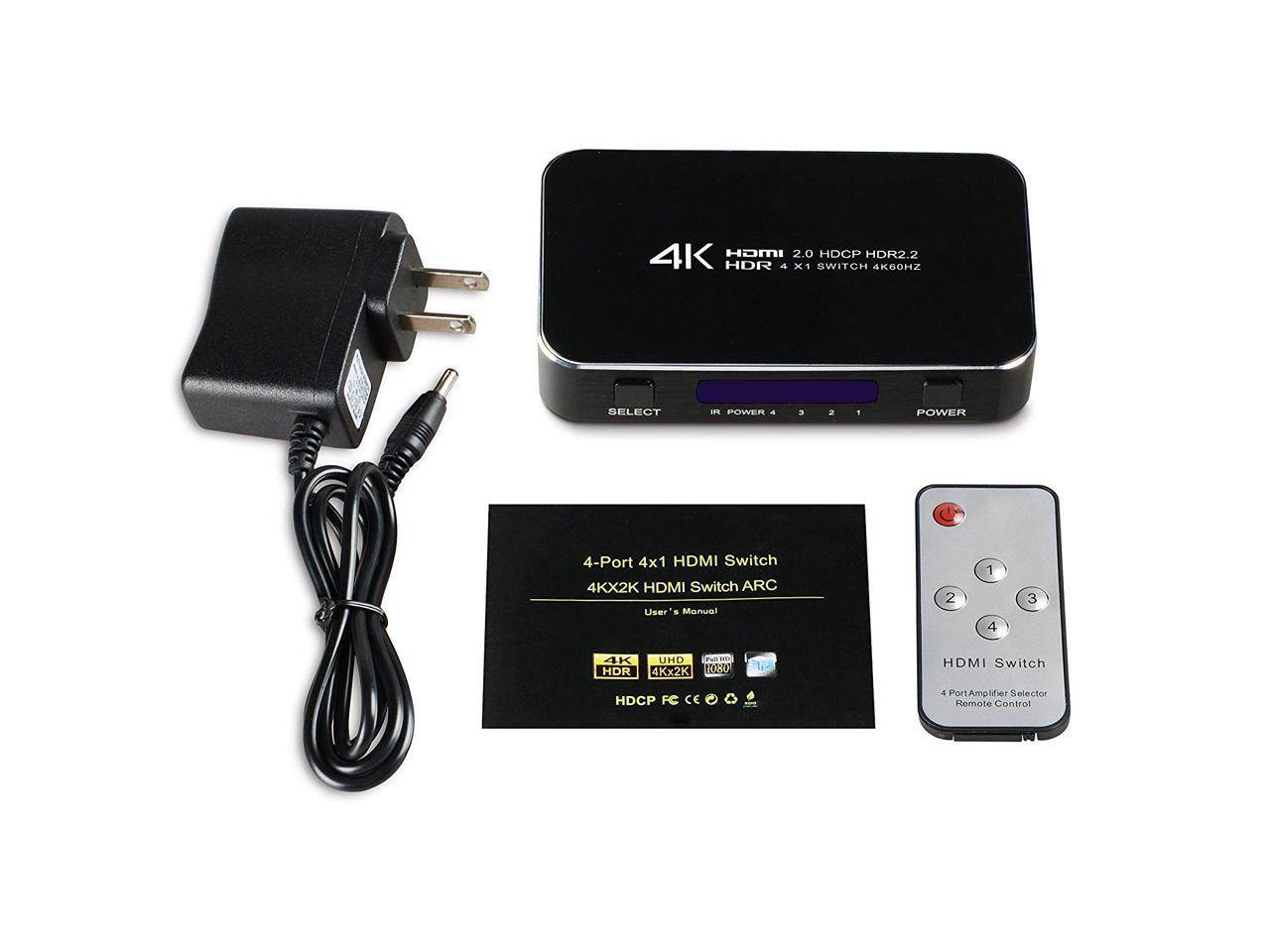 HDMI Switch, Nurbenn 4 Ports 4K 60Hz HDMI 2.0 Switcher Selector with IR Wireless Remote, Supports UltraHD Dolby Vision, High Speed(Max to 18.5Gbps), HDR10, HDCP 2.2 & 3D