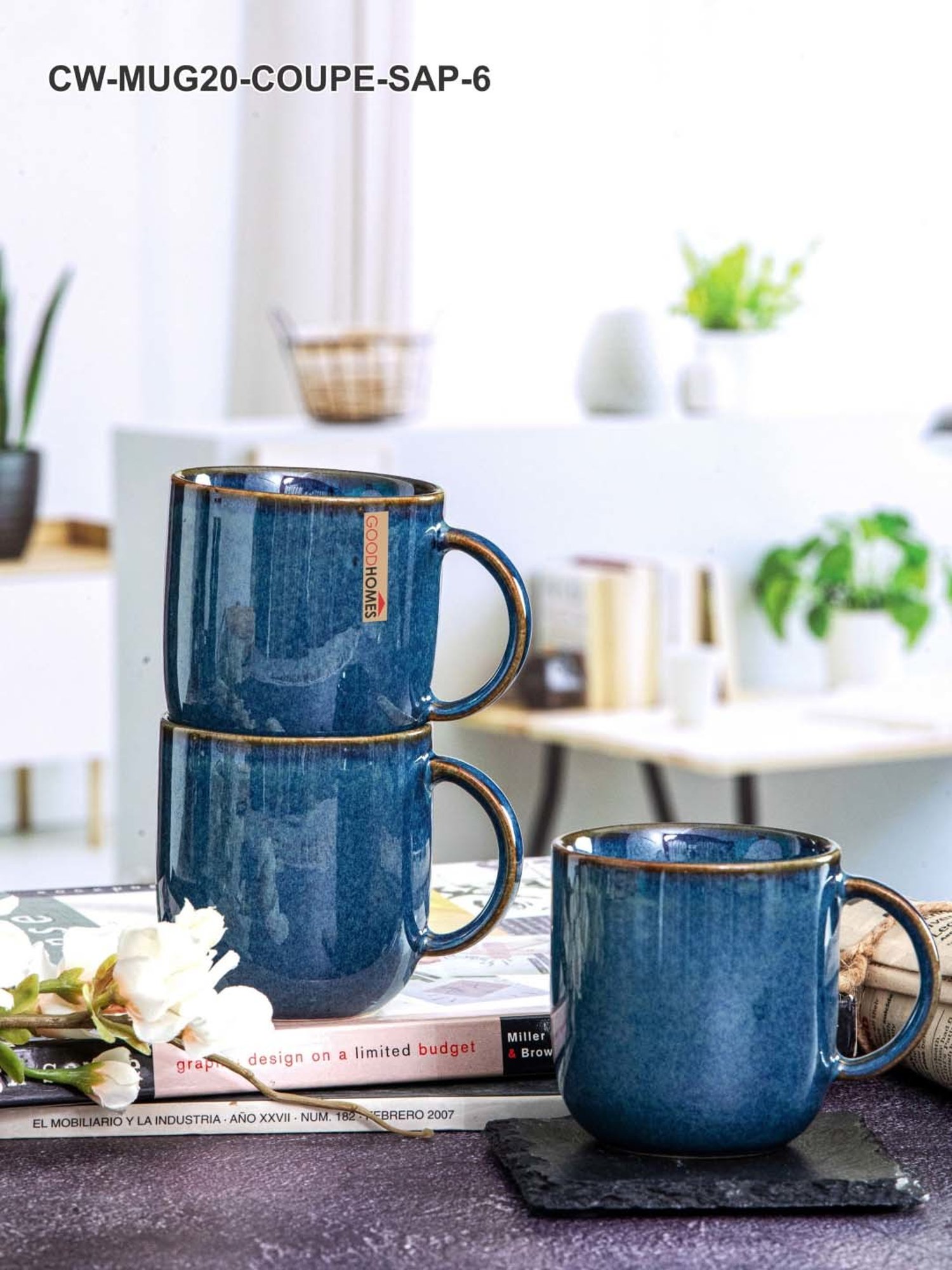 Goodhomes Blue Stoneware Coffee Mugs (0.2 L) - Set of 6