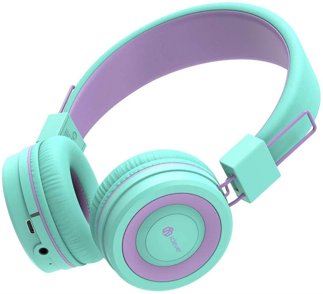 iClever Kids Bluetooth Headphones - Headphones for Kids with MIC, Volume Control Adjustable Headband, Foldable - Childrens Headphones on Ear for iPad Tablet Kindle Airplane School,Green/Purple