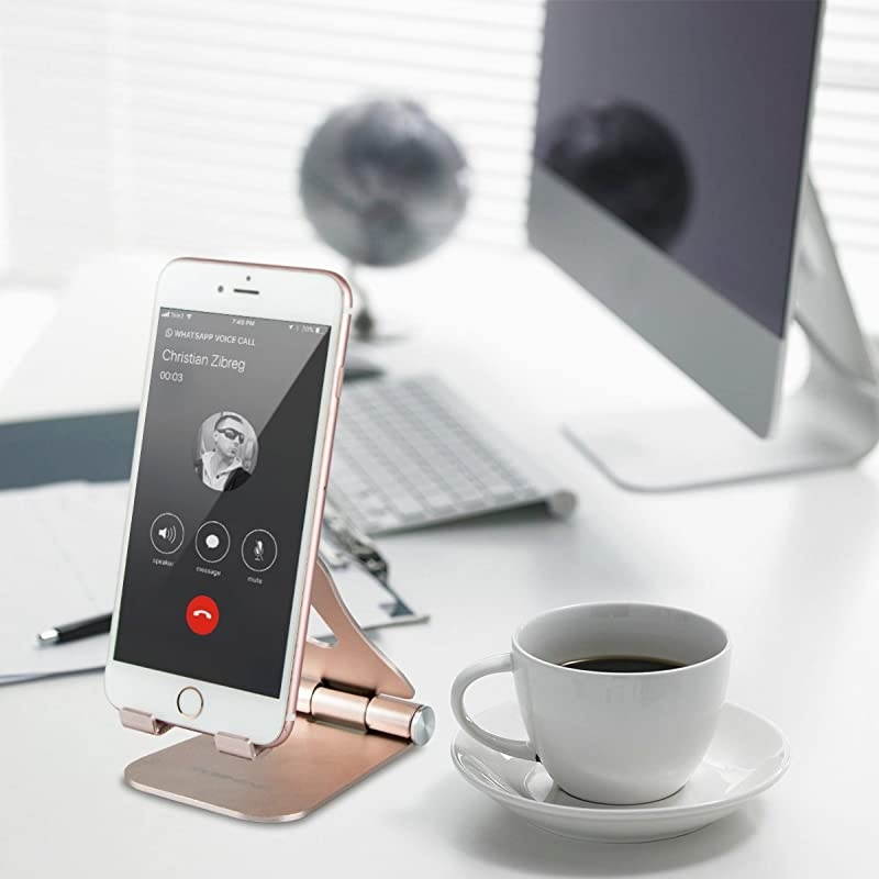 Cell Phone Stand Foldable  Aluminum Phone Holder Phone Stand and Cable Organizer for Charging Desktop Cell Phone Holder Adjustable Phone Stand Dock for iPhone iPad/Mini Samsung Tablets - Gold