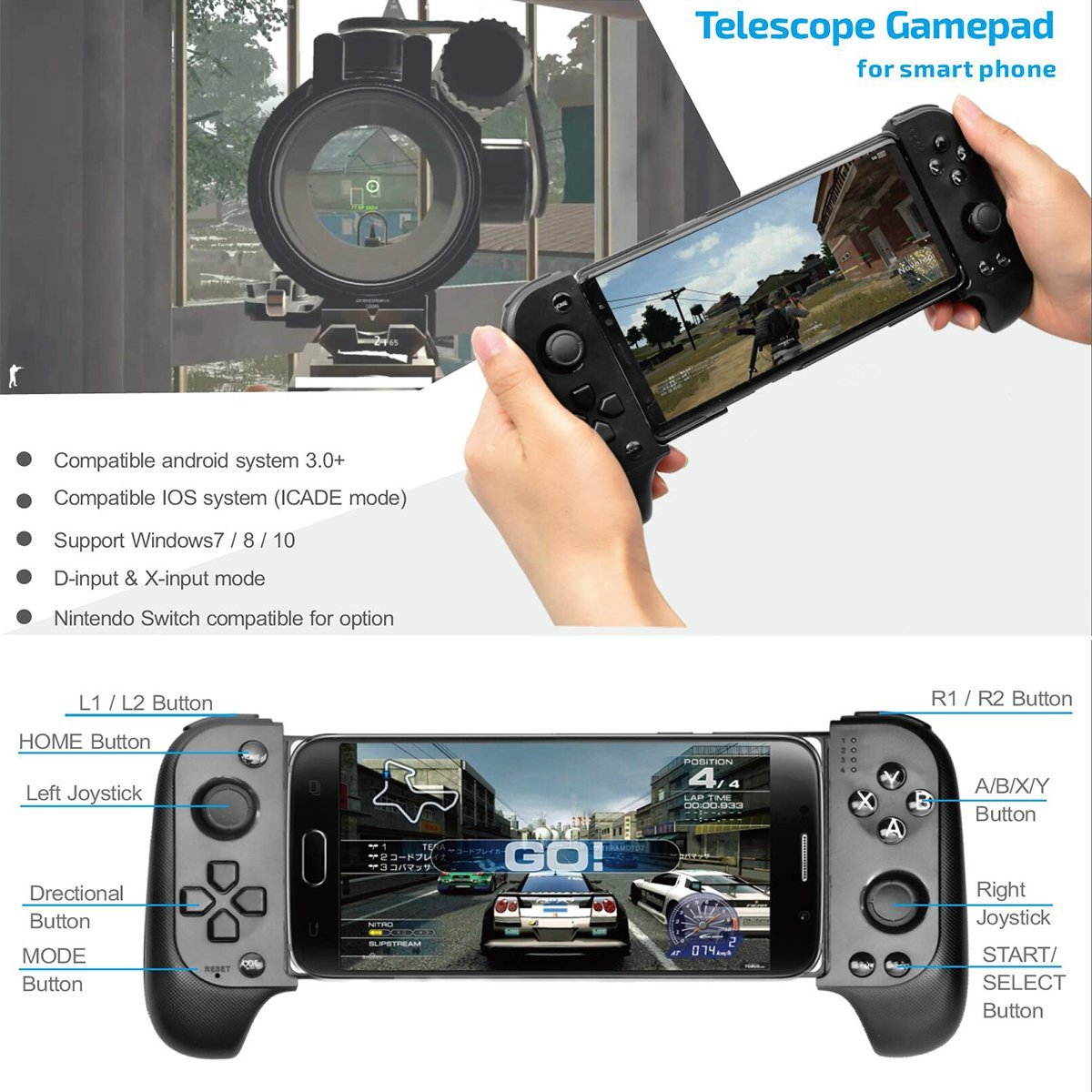 KuWfi Game-2 Wireless Bluetooth Controller Gamepad Telescopic Shock Connecting Joystick
