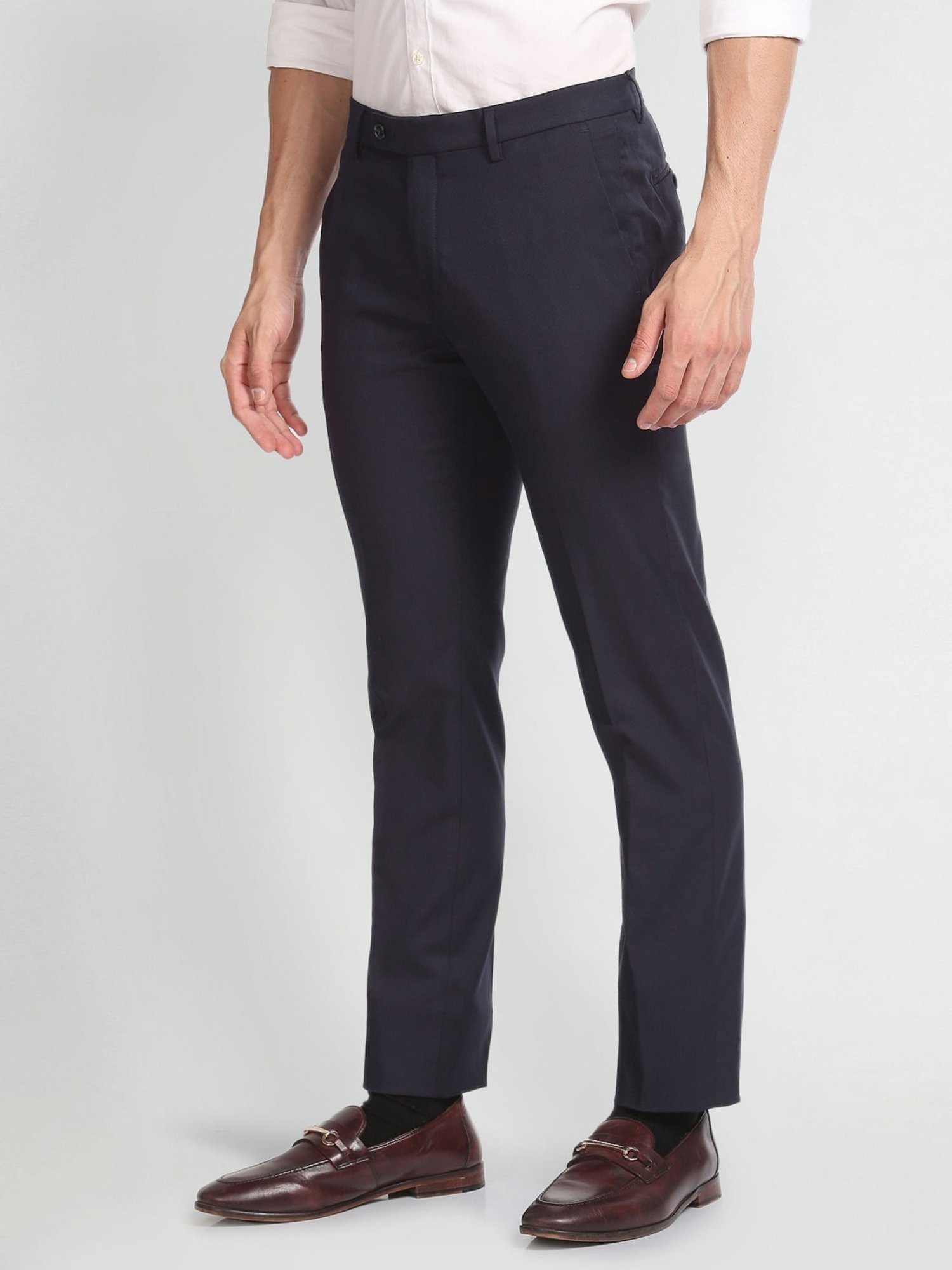 Arrow Navy Regular Fit Self Pattern Trousers