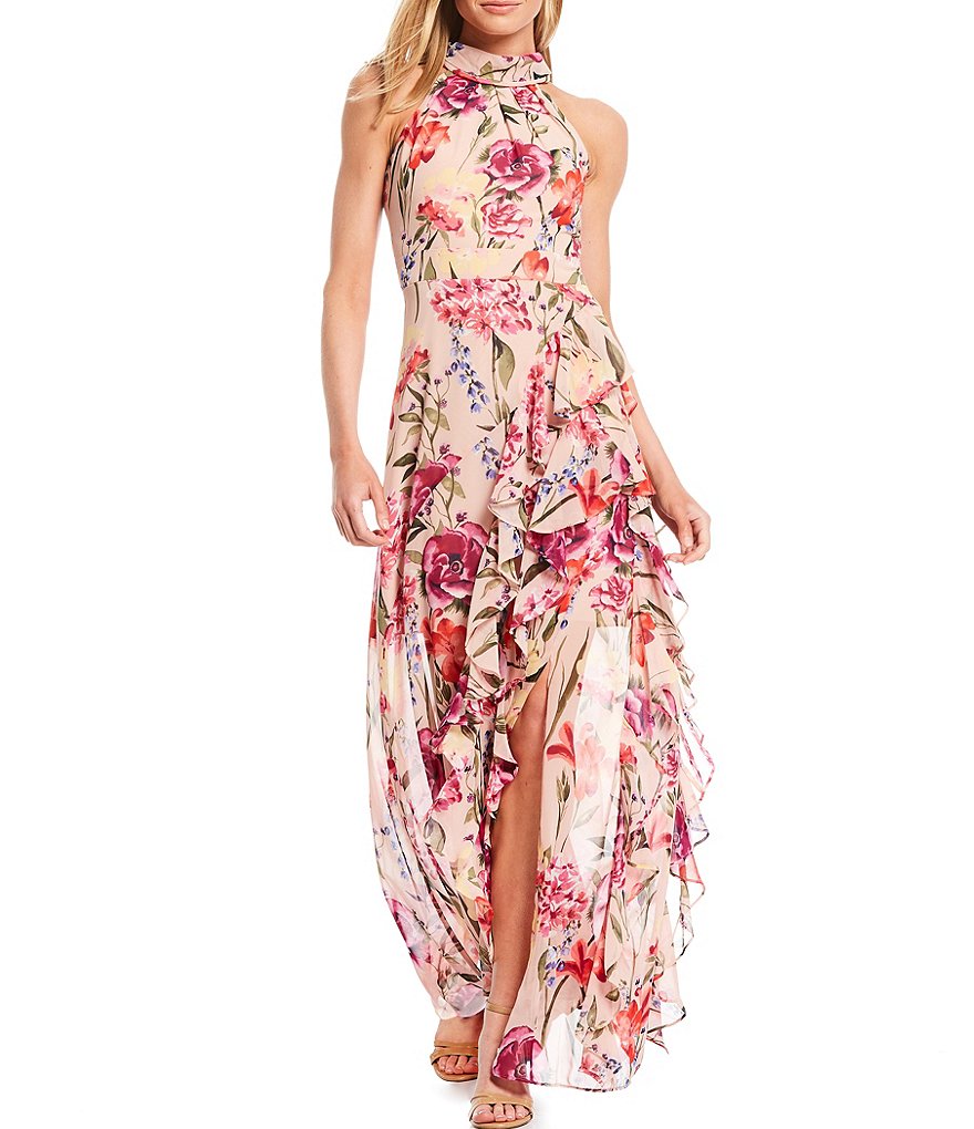 Eliza J Halter Floral Print Chiffon Sleeveless Maxi Dress