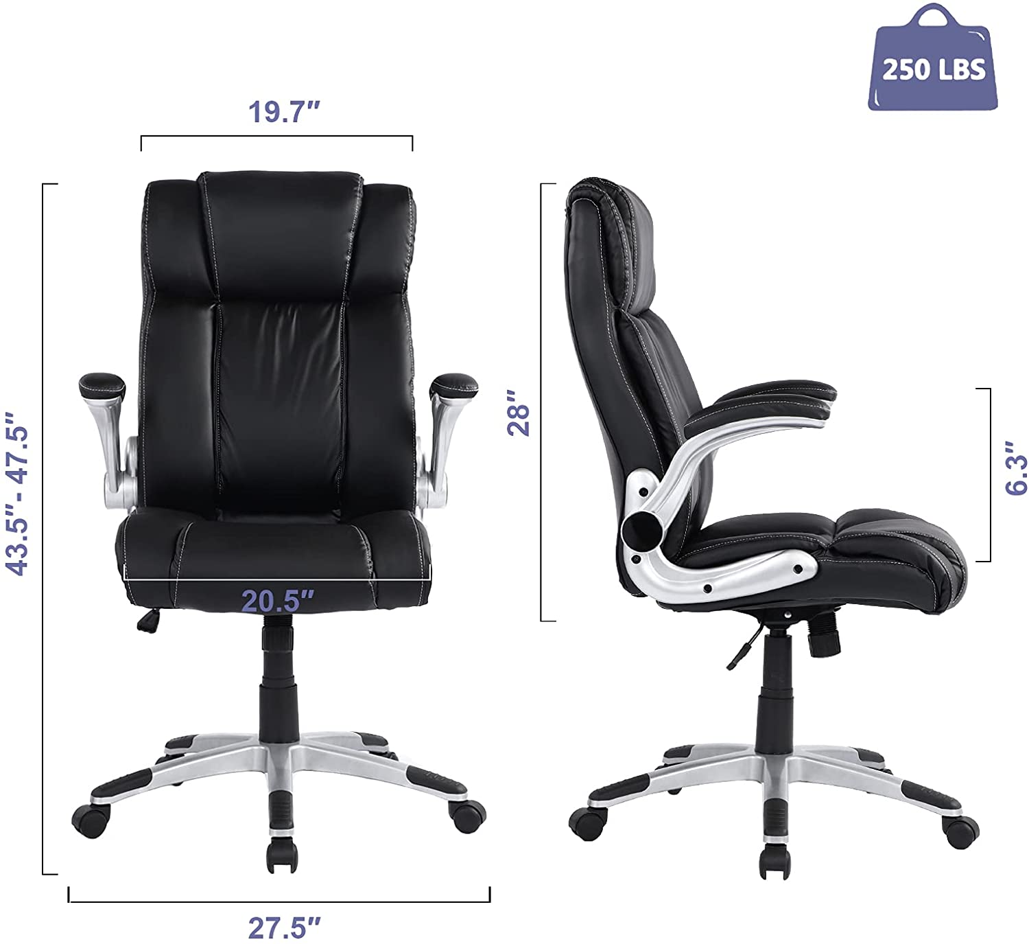 Executive Office Chair Ergonomic Leather Desk Chair with Flip-up Arms Double Padded Seat Cushion and Adjustable Tilt Angle Lumbar Support Office Chair for Home Office Work(9139 Black)