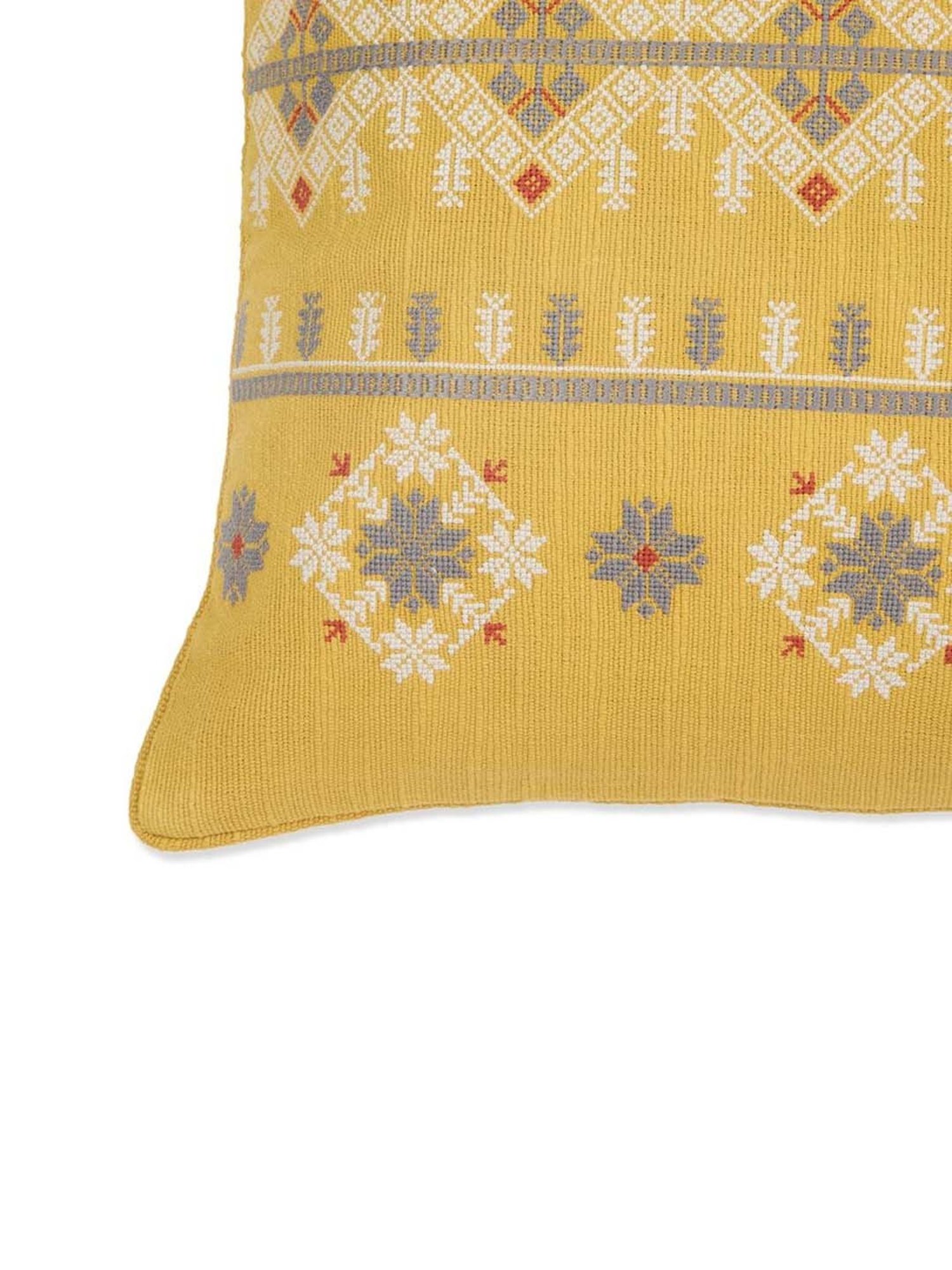 Fabindia Home Ahava Yellow Cotton Blend Embroidered Cushion Cover