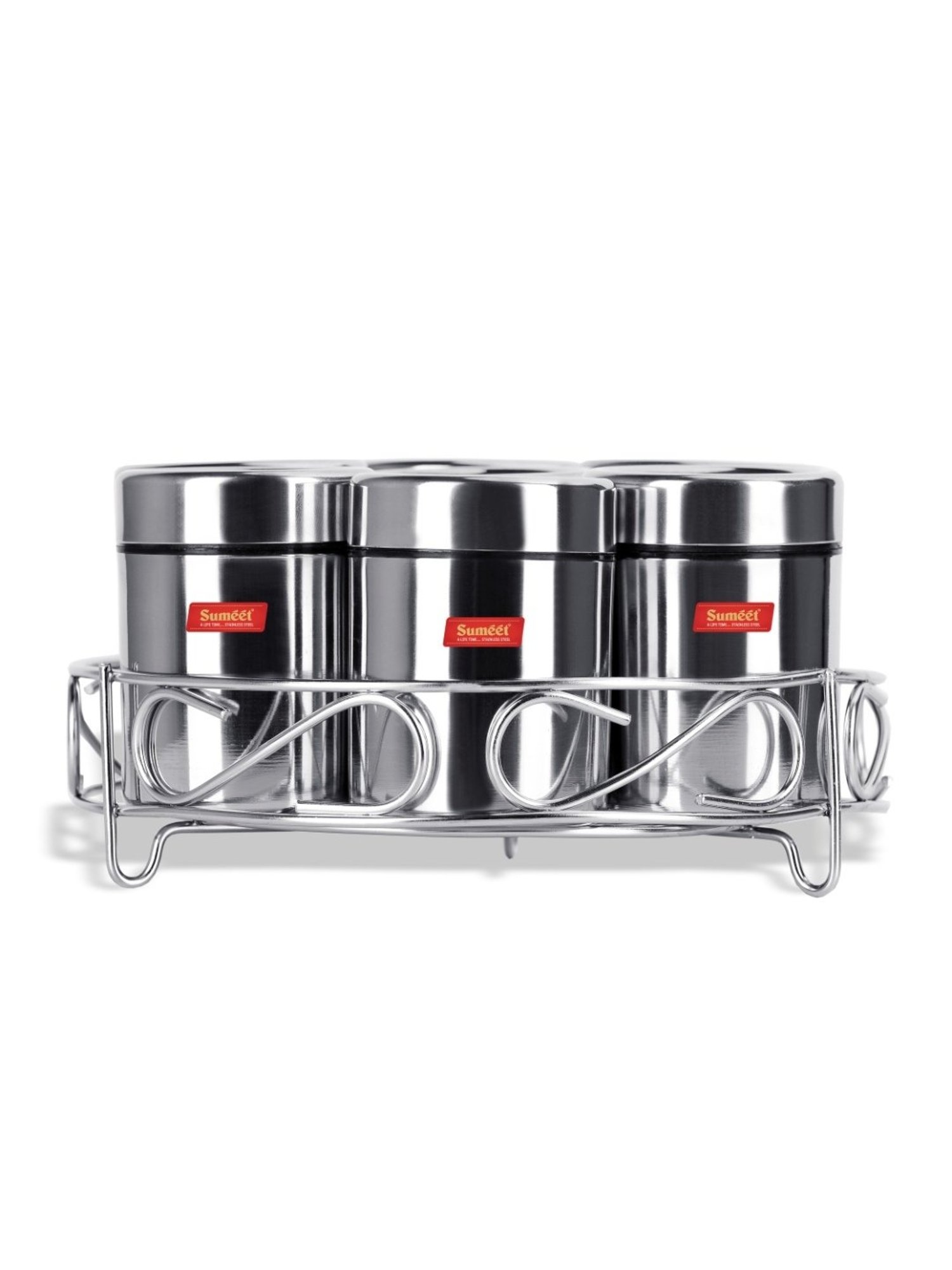 Sumeet 7in1 Stainless Steel + See through Lid Masala Stand / Dry Fruit Stand with Stand and 7 Spoons