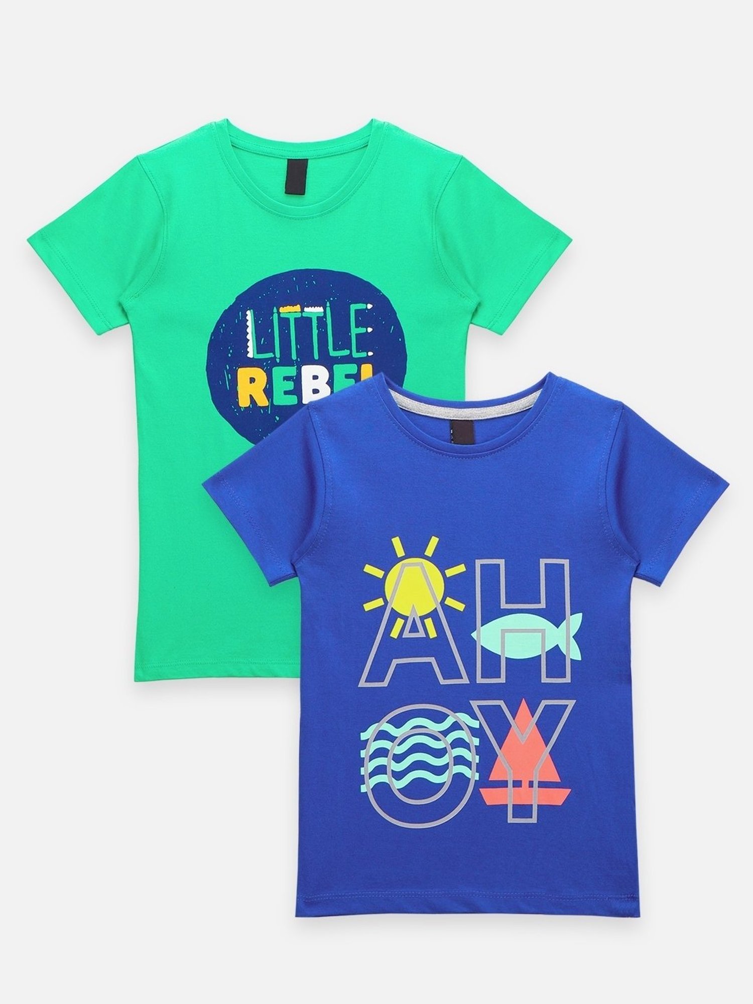 LilPicks Kids Blue & Green Cotton Printed T-Shirts (Pack of 2)