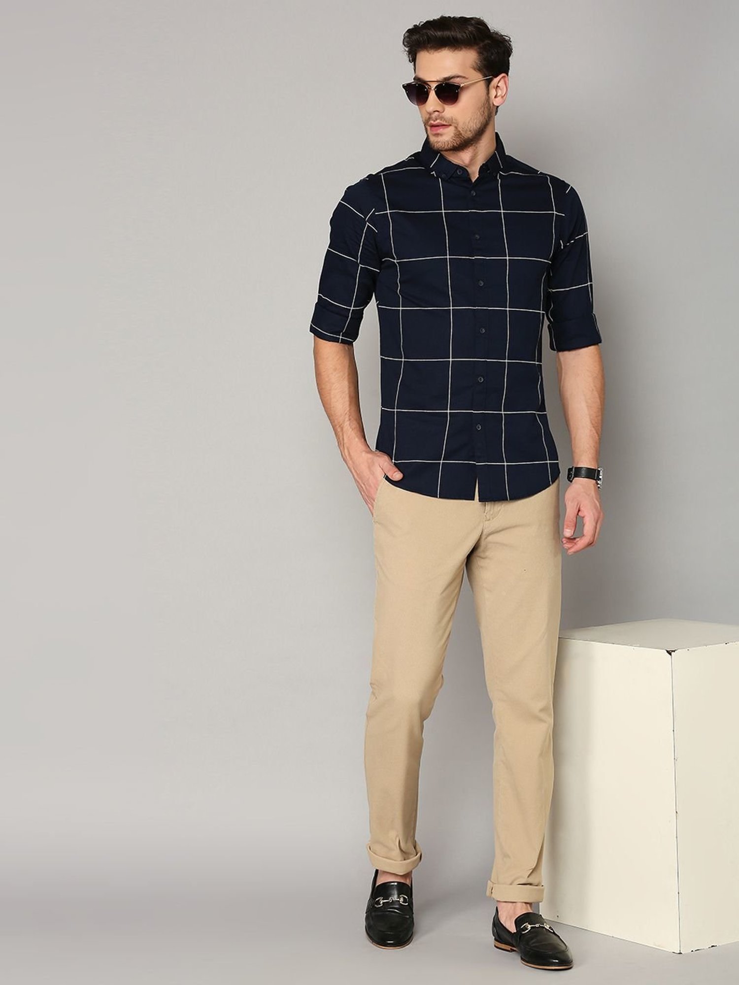 Dennis Lingo Navy Cotton Slim Fit Checks Shirt