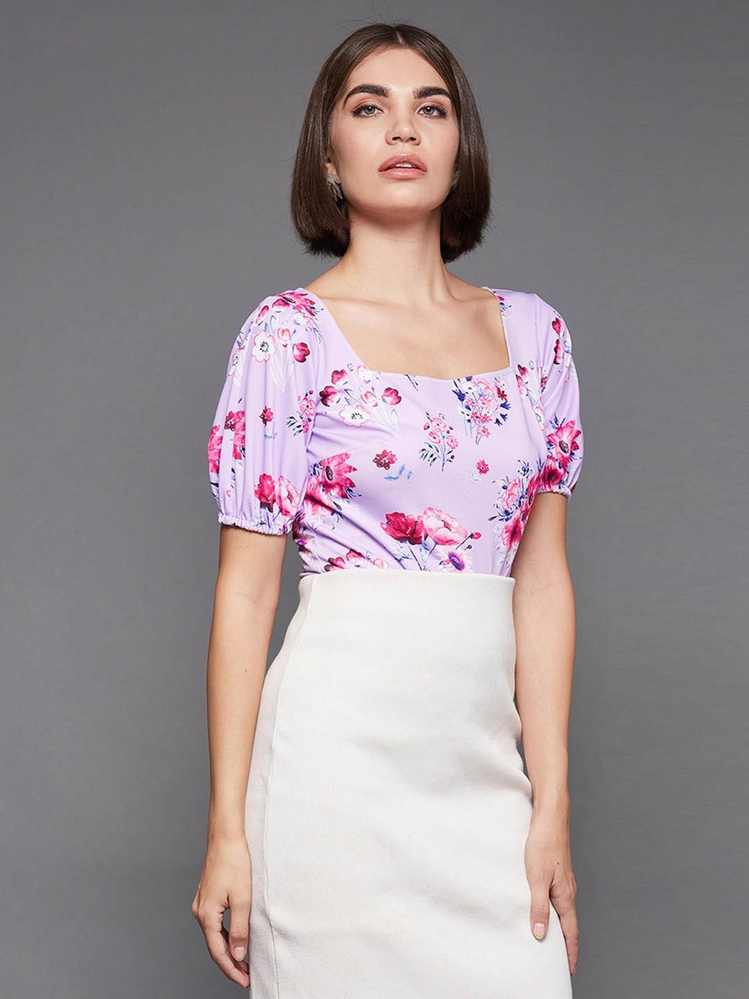 Miss Chase Lavender Floral Print Top