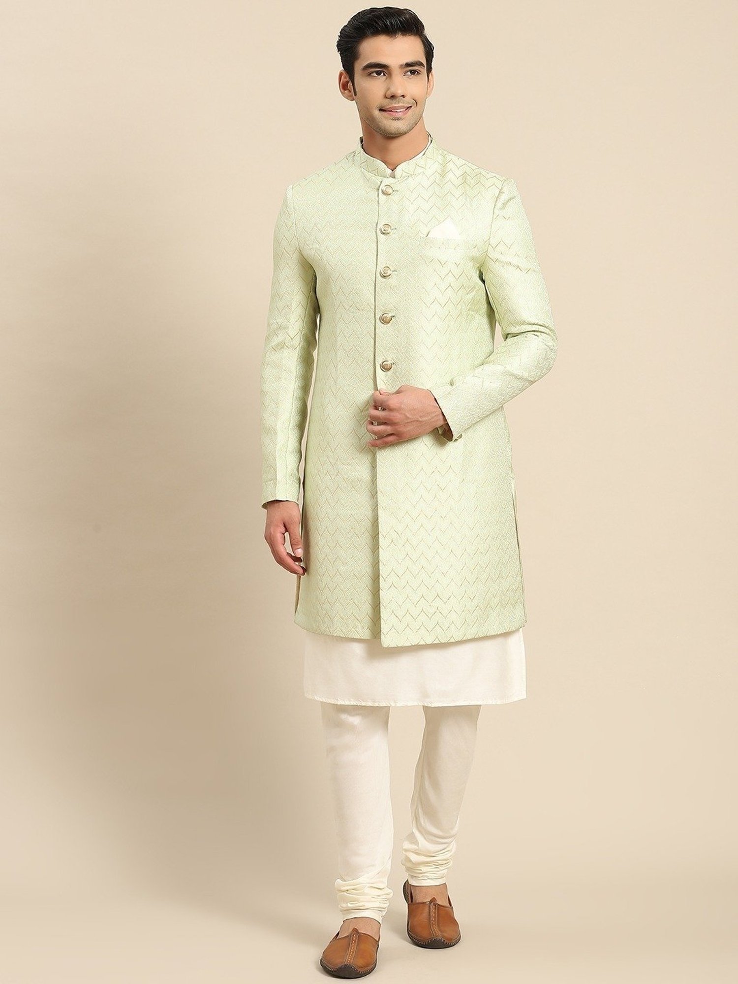Hangup Plus Beige & Black Regular Fit Printed Sherwani Set