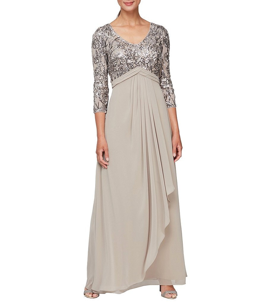 Alex Evenings Stretch Sequin Mesh Empire Waist Drape Front V-Neck 3/4 Sleeve Gown