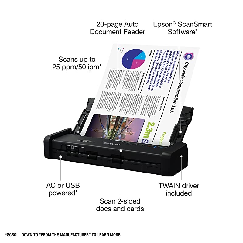 WorkForce ES-200 Color Portable Document Scanner with ADF for PC and Mac, Sheet-fed and Duplex Scanning
