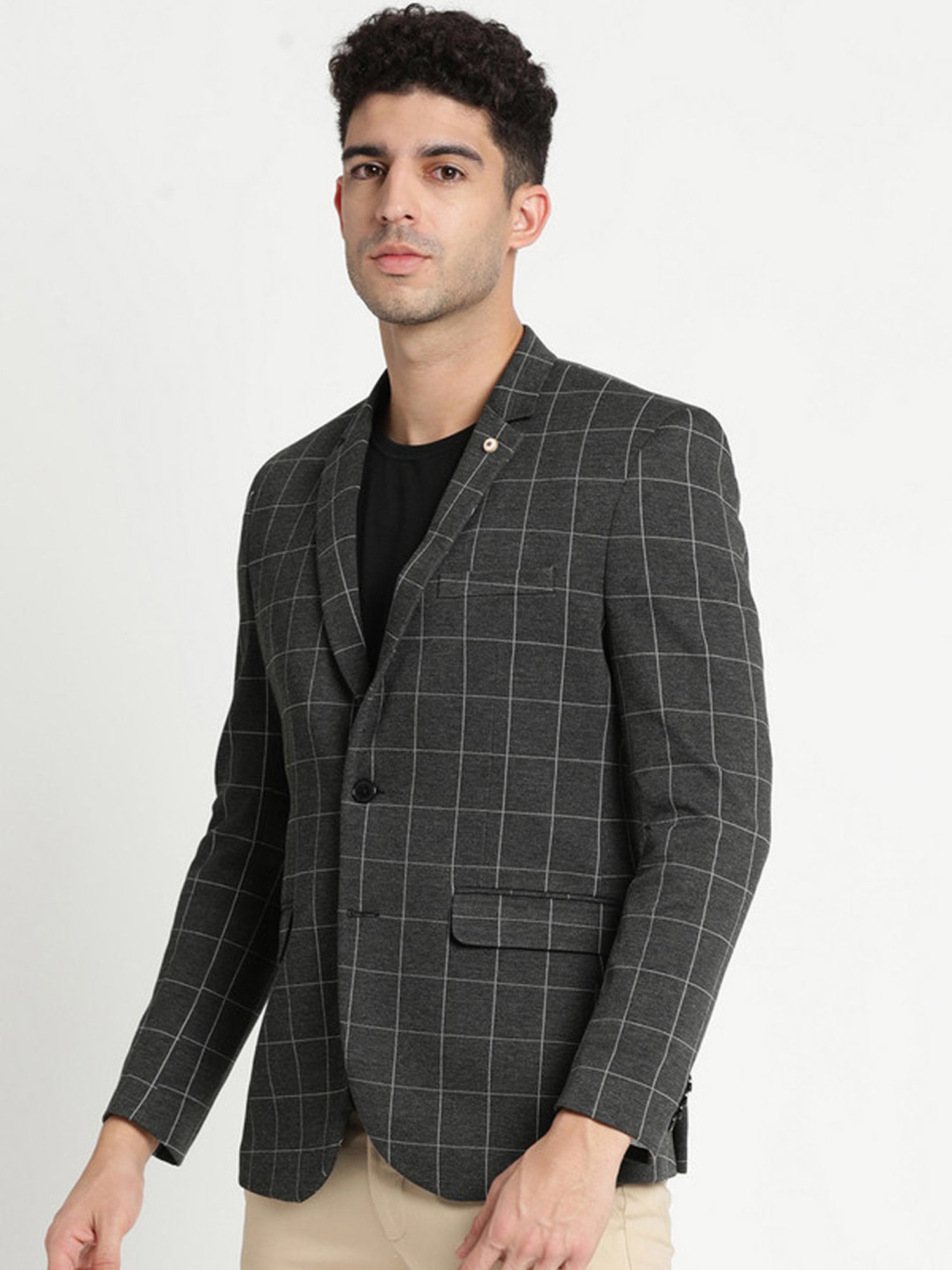 Turtle Grey Slim Fit Checks Blazer
