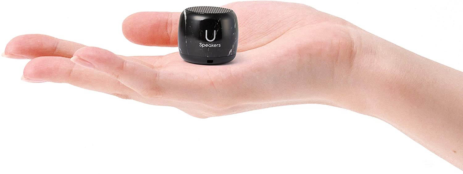 Micro Speaker - Coin-Sized Portable Wireless Bluetooth 4.2 (Black Marble) - TWS Stereo Sound with Built-in Mic and Remote Shutter - 3Hour Playtime, Aluminum - Perfect for Apple iPhone iOS Android