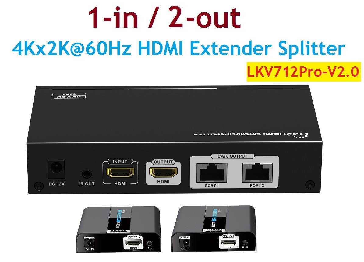 Up to 30m/100Ft, 4Kx2K@60Hz LKV712Pro-V2.0 1x2 HDMI Extender Splitter Converter With HDMI Loop-out Over CAT6/6a/7 With IR Remote