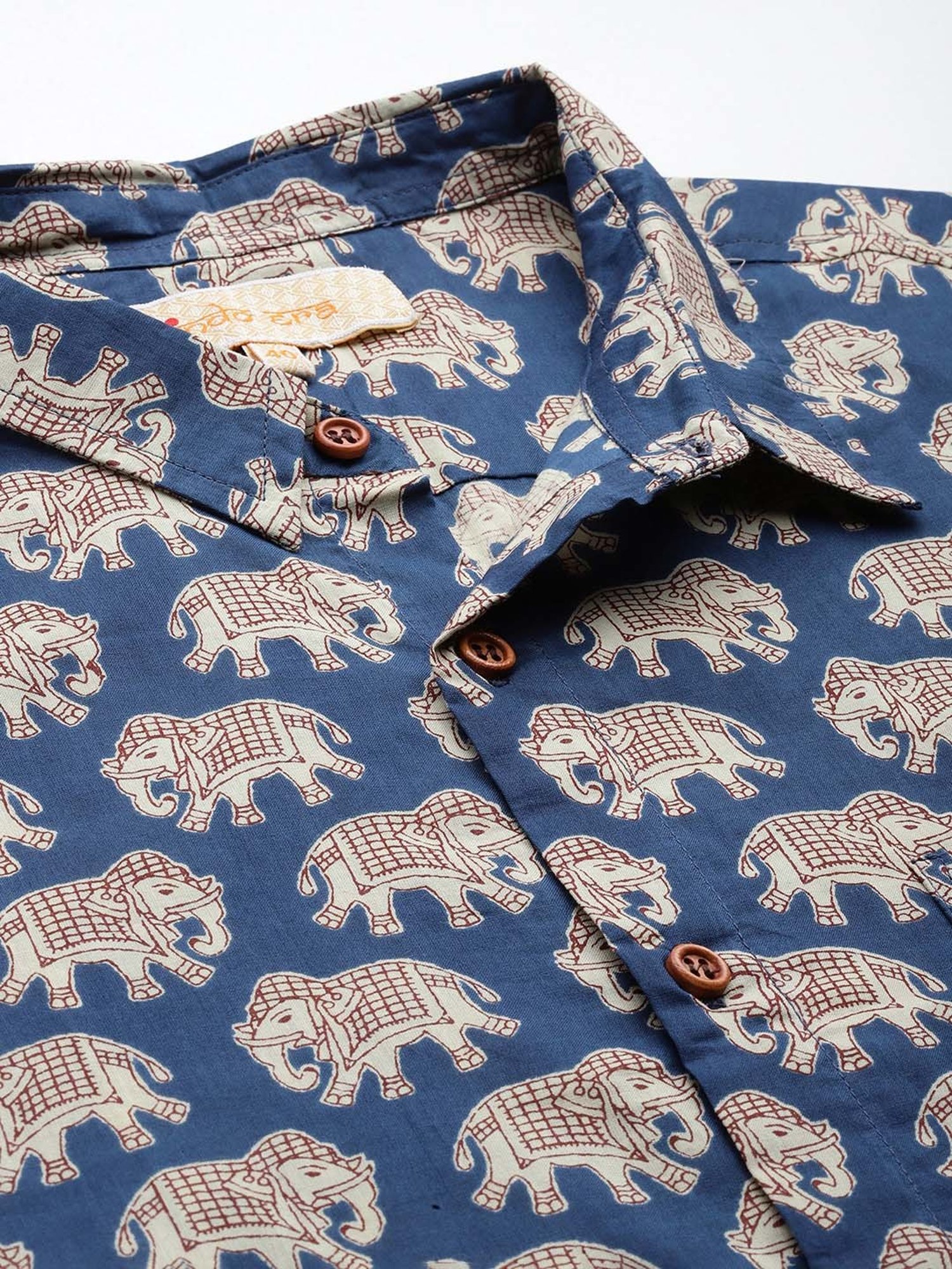 Indo Era Navy Regular Fit Printed Ethnic Shirt