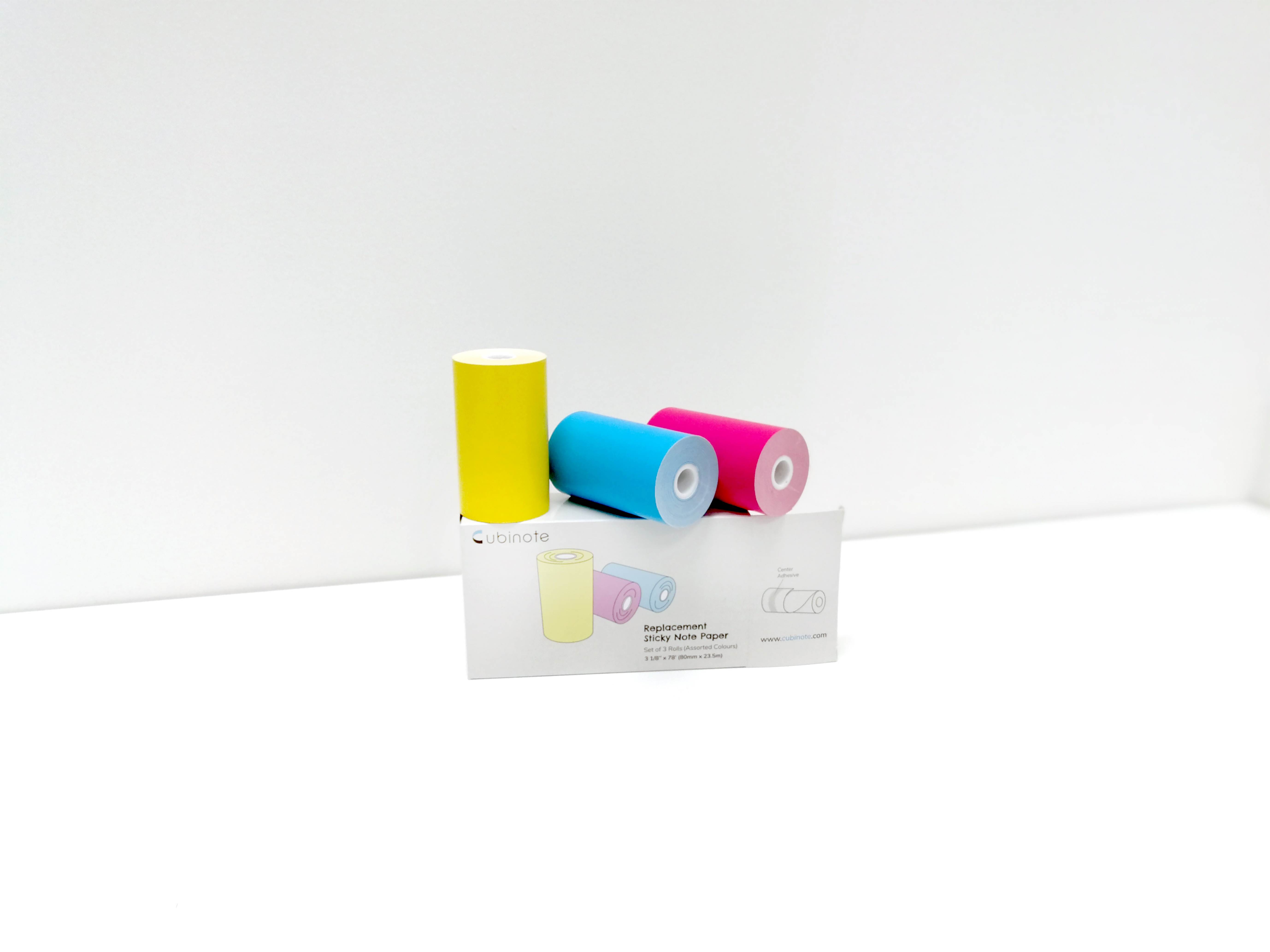 Cubinote Official Replacement Sticky Note Thermal Paper | BPA Free - Size 3-1/8" By 78' | Long Lasting Paper for No Ink Printer | Assorted Color 3 Pack Thermal Paper Rolls &ndash; 1 Blue, 1 Pink 1 1 Yellow