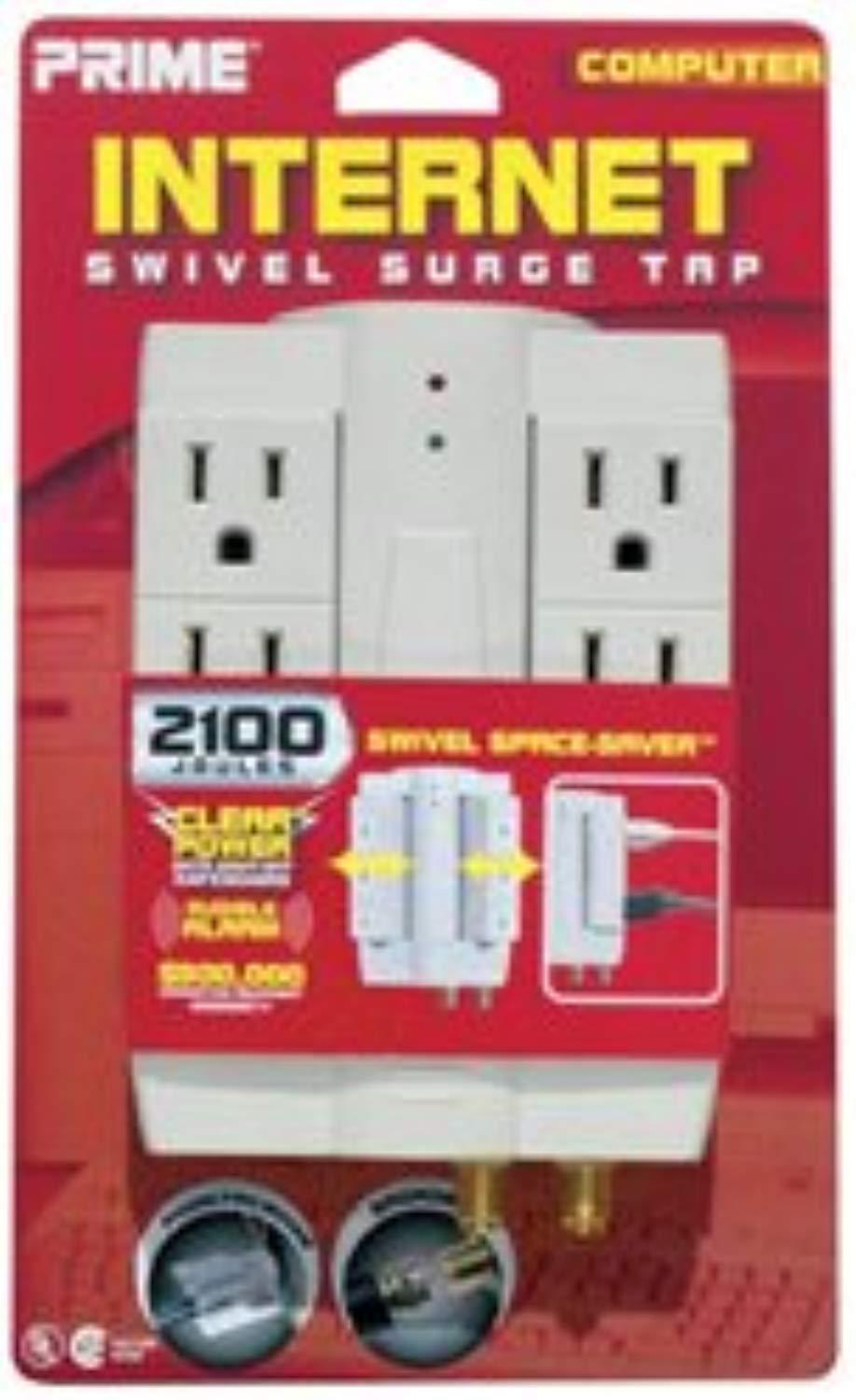 prime pb004105 computer internet 6-outlet 2100 joule swivel surge tap protector rj11 coax audible alarm auto-shutdown, white