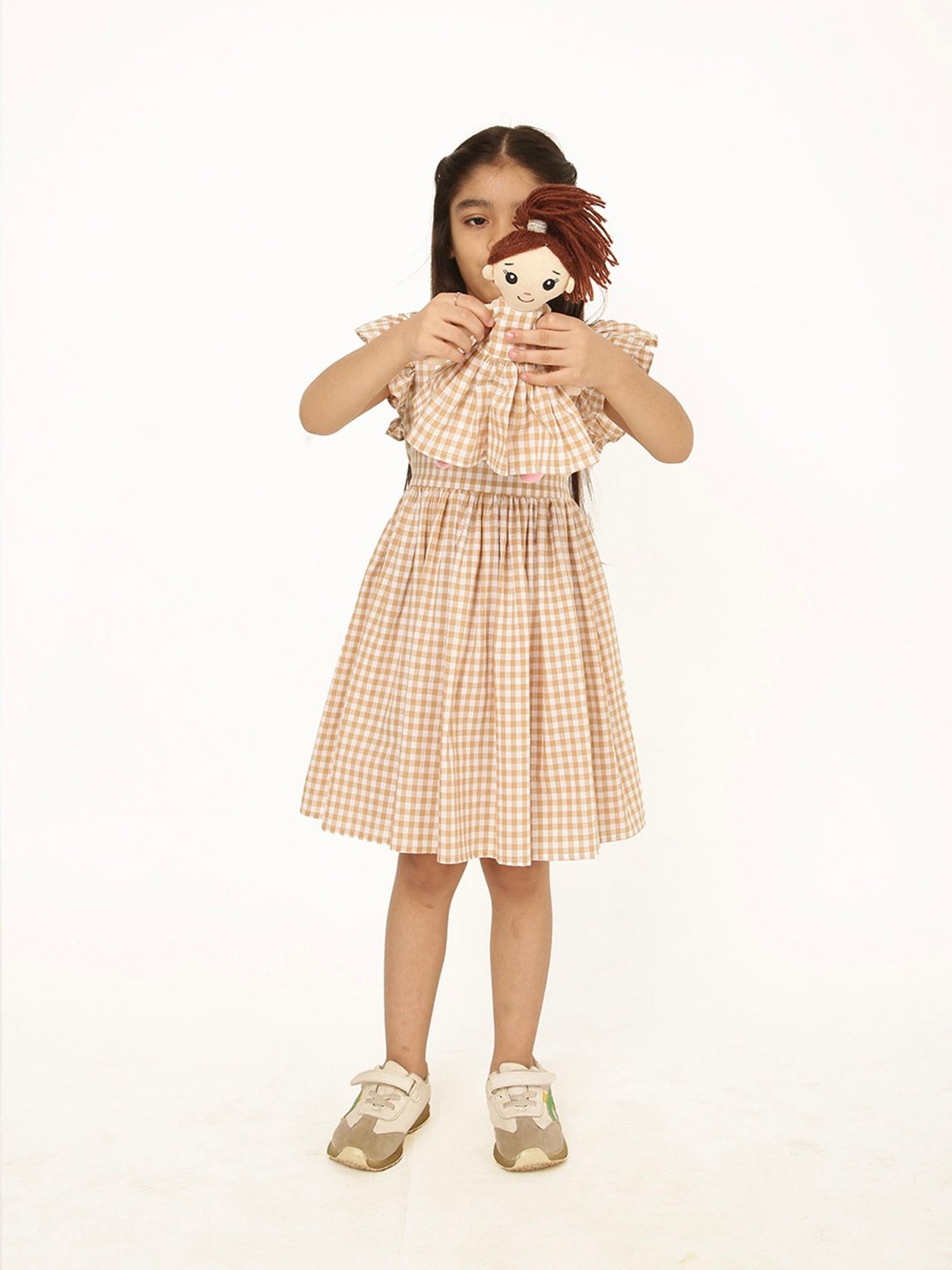 A Little Fable Girls Beige Checks Dress