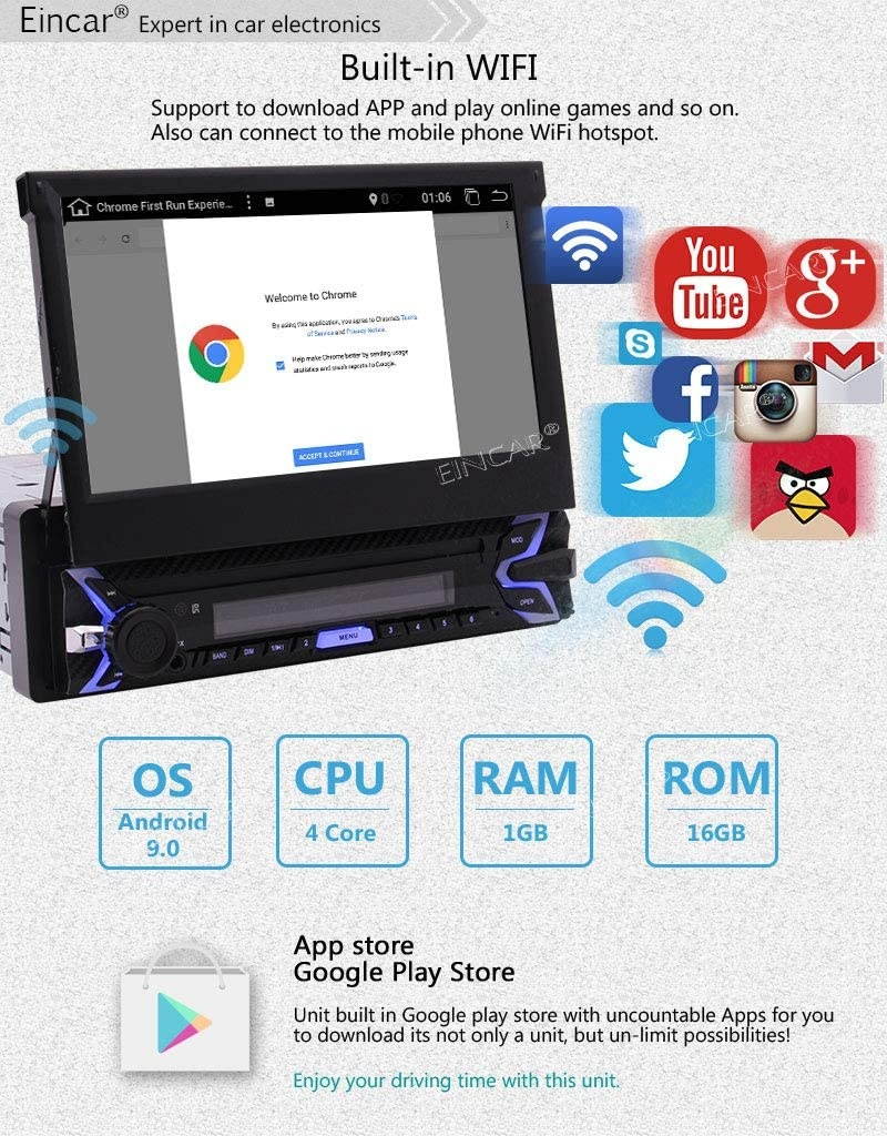 Single 1 Din Car Stereo 7 Inch Touch Screen Android 9.0 Car Radio Bluetooth GPS Navigation Head Unit Support WiFi/Mirror Link/USB/SD/AM/FM Receiver External MIC Remote with Wireless Backup Camera