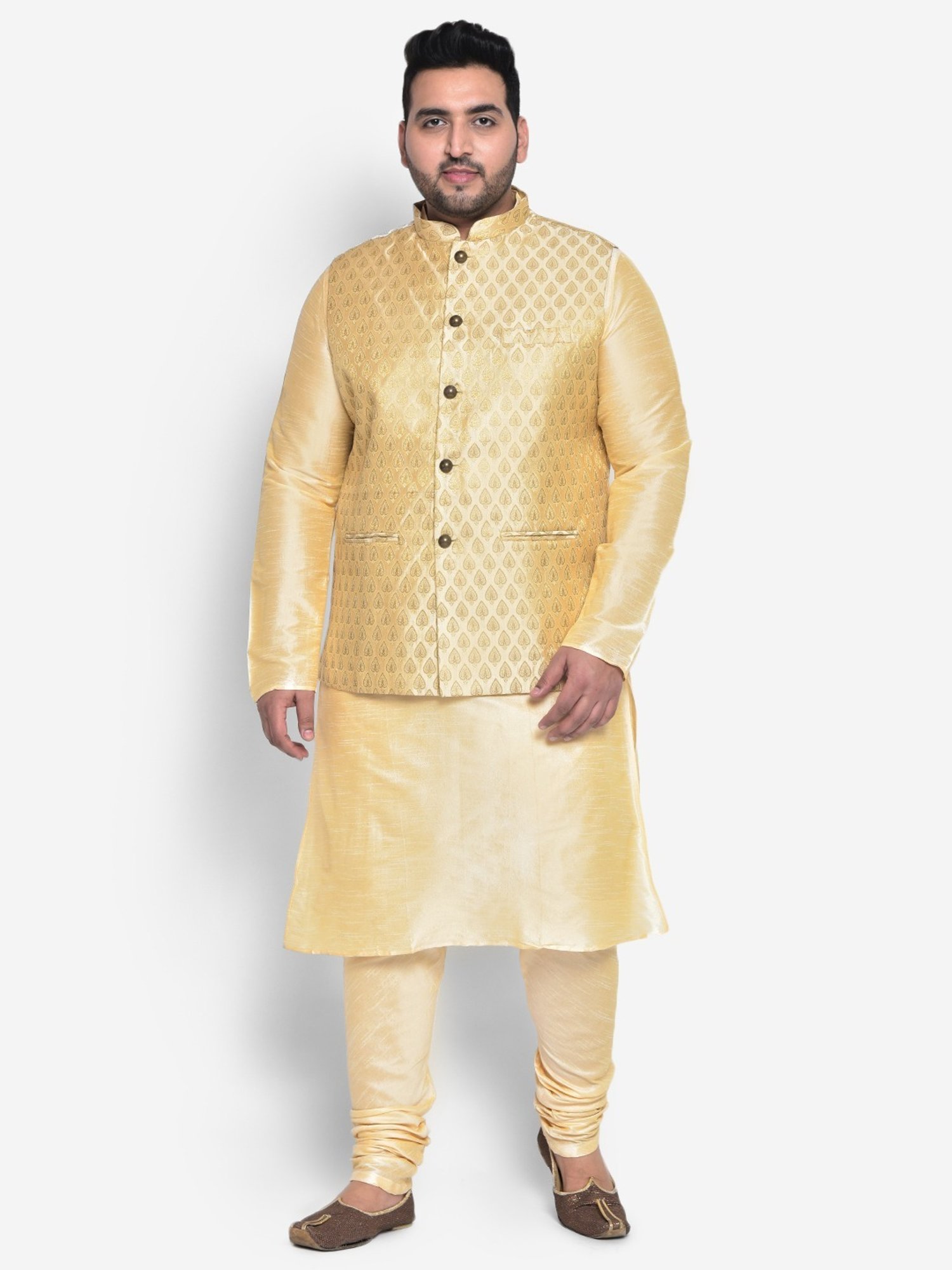 KISAH PLUS Beige Regular Fit Jacquard Kurta Set With Jacket