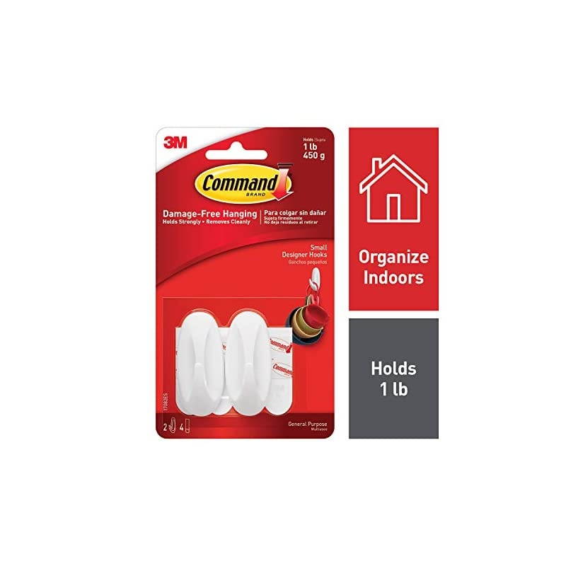 Small Designer Hooks, White, 2-Hooks, 4-Strips, 6-Pack, Organize Damage-Free