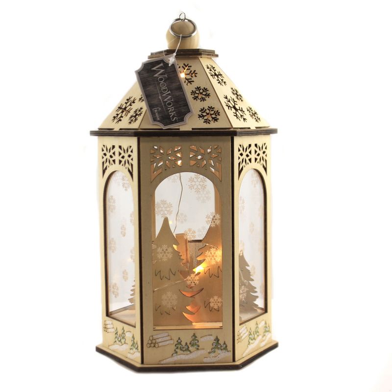 Christmas 11.5" Wood Cabin Deer Lantern Led Woodworks Dome Snowflakes  -  Decorative Figurines