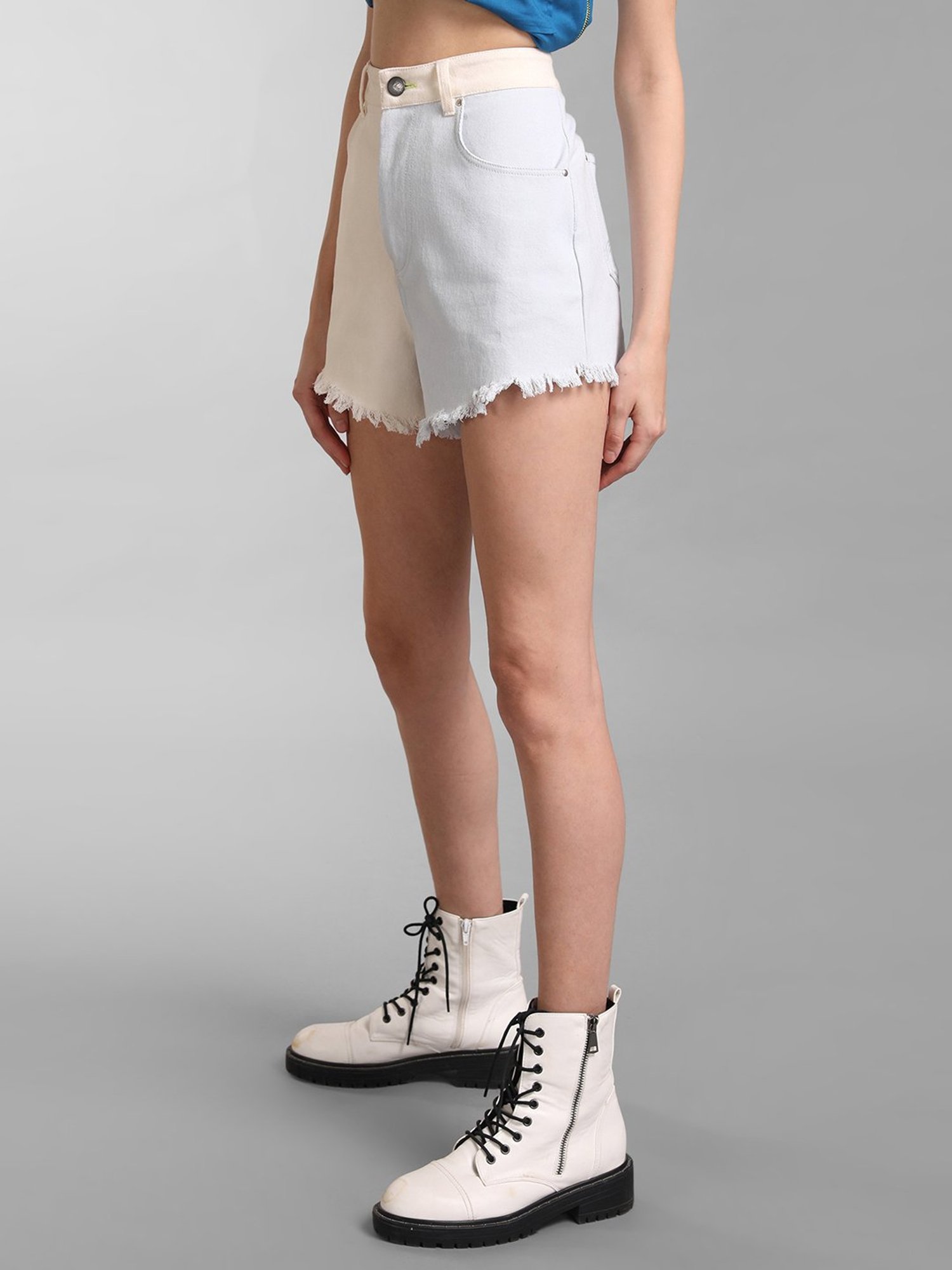 KZ07 by Kazo Off White & Light Grey Color-Block Denim Shorts